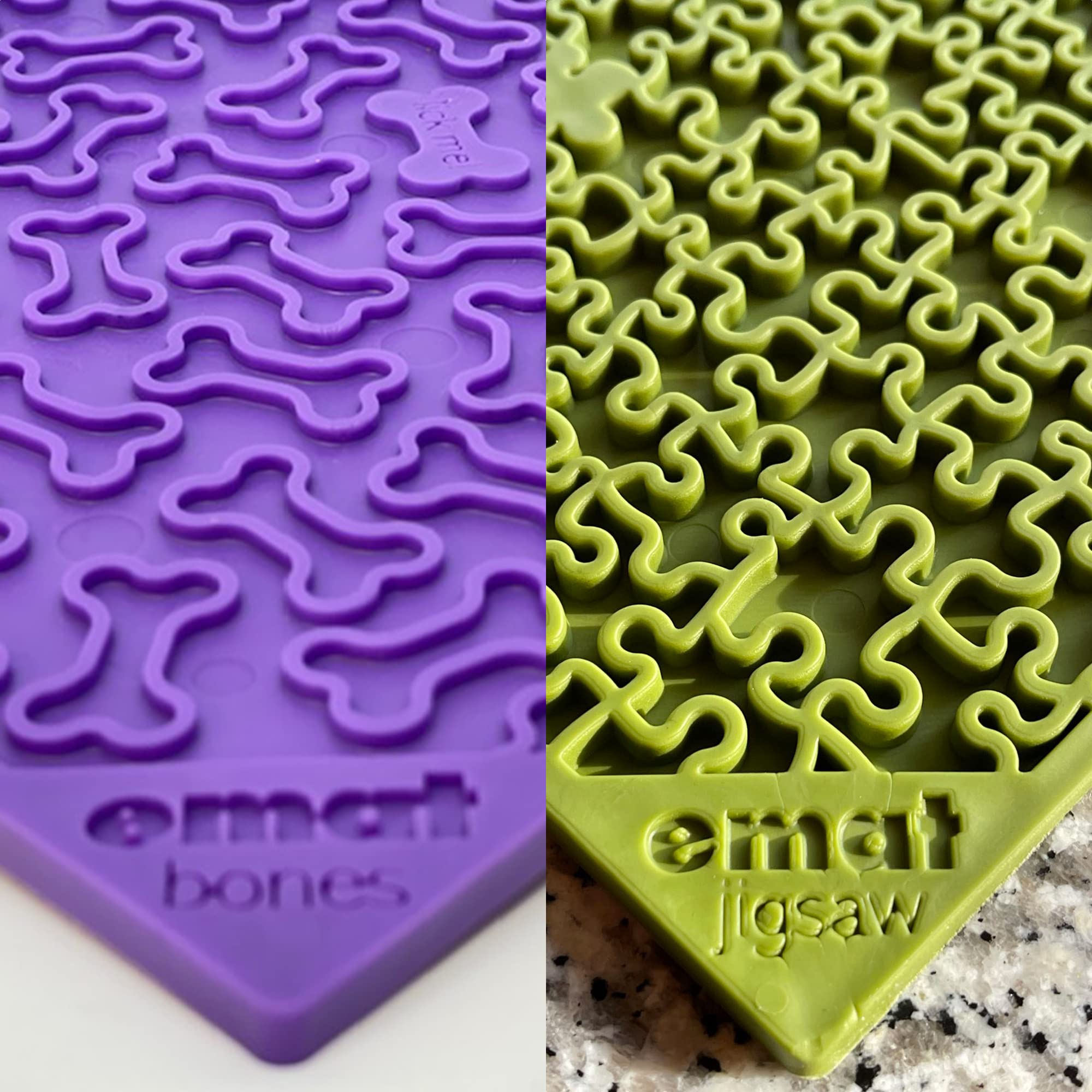 SodaPup Purple Bones & Green Jigsaw Puzzle Lick Mat Bundle – Non-Toxic Pet Feeding Mat for Dogs, Slow Feeder to Prevent Overeating & Aid Digestion | Made in USA with Food-Safe Rubber | Perfect for Anxious Pets, Mealtime Enrichment & Puzzle Toys