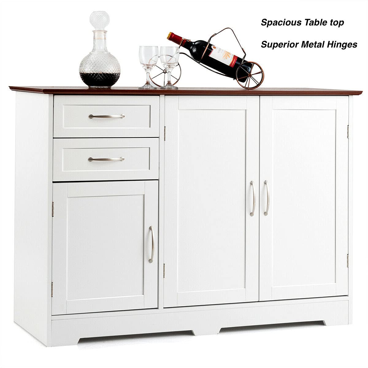 White Buffet Server Console Table - Kitchen & Dining Room Cabinet with 2 Sliding Drawers, 1 Large & 1 Small Cabinet - Versatile Pantry Sideboard Cupboard for Home, Bedroom & Living Room - Perfect for Storage, Serving & Display