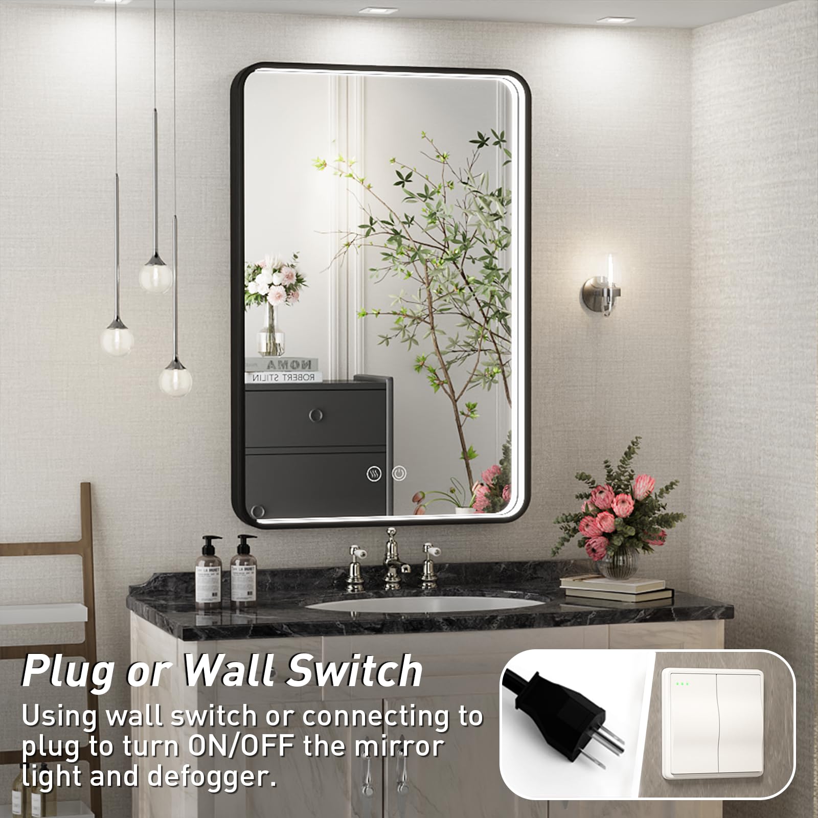 36x24 Inch LED Bathroom Mirror with Lights - Black Metal Frame Anti-Fog Vanity Mirror with Dimmable Lighting - Perfect for Makeup, Shaving & Home Decor (Wall Mounted)