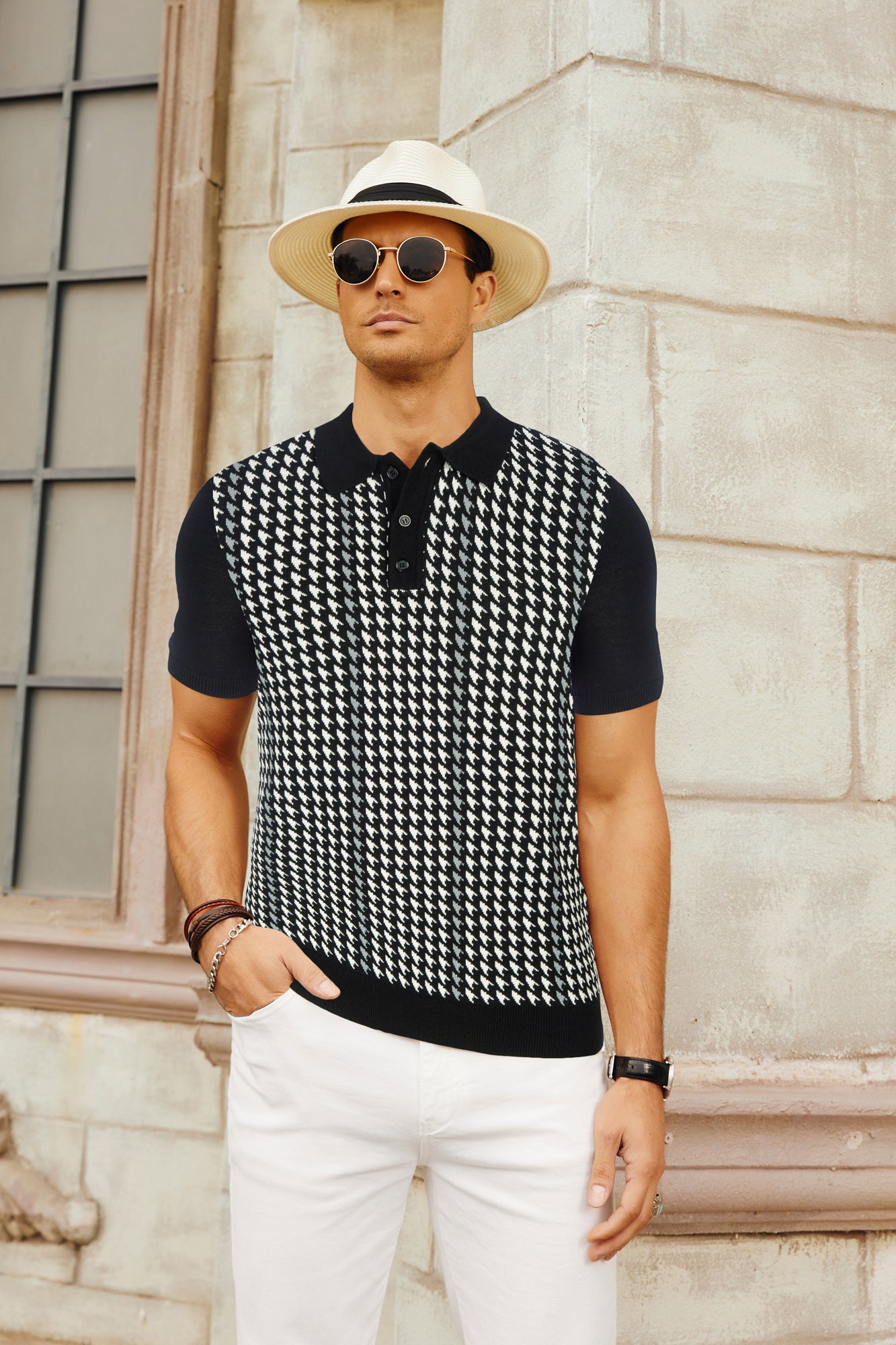 Vintage Men's Polo Shirts - Lightweight Retro 70s Style Knit Houndstooth Golf Pullover Shirt for Men | Casual Wear, Golf Outing & Retro Fashion