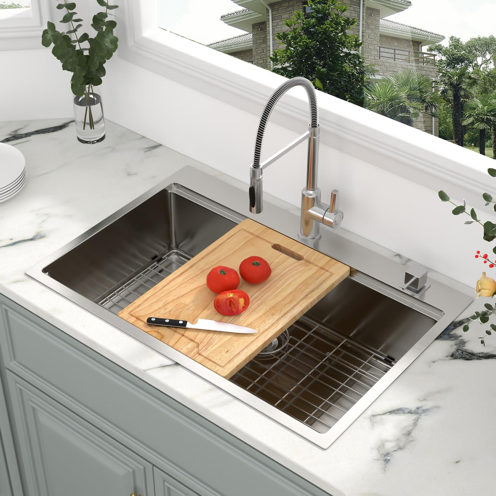 Kichae 33 x 22 Inch Drop-In Kitchen Sink - 16 Gauge Stainless Steel Single Bowl with Ledge Workstation | Topmount Installation for Food Prep & Dishwashing