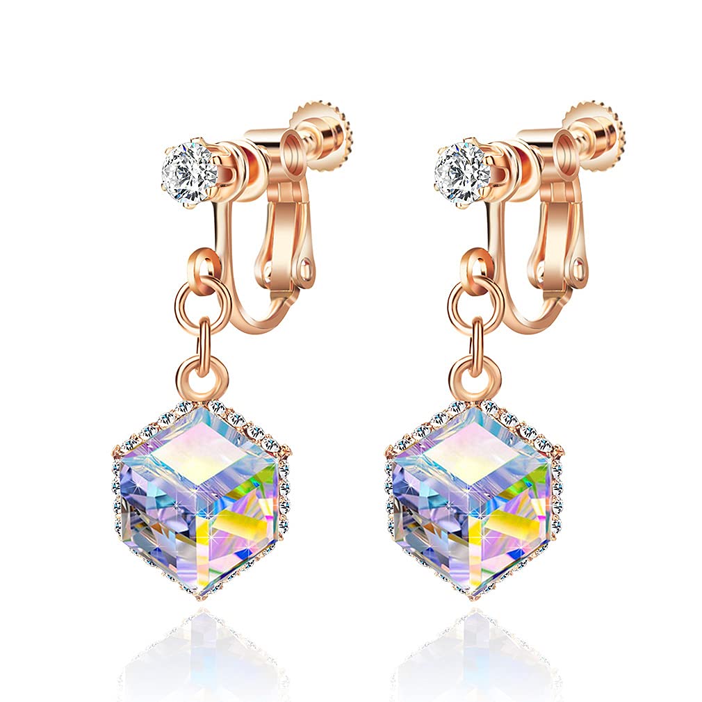 Austrian Crystal Drop Clip-On Earrings for Women - 14K Rose Gold Plated Hypoallergenic Non-Pierced Dangle Earrings | Perfect for Weddings, Parties & Special Occasions