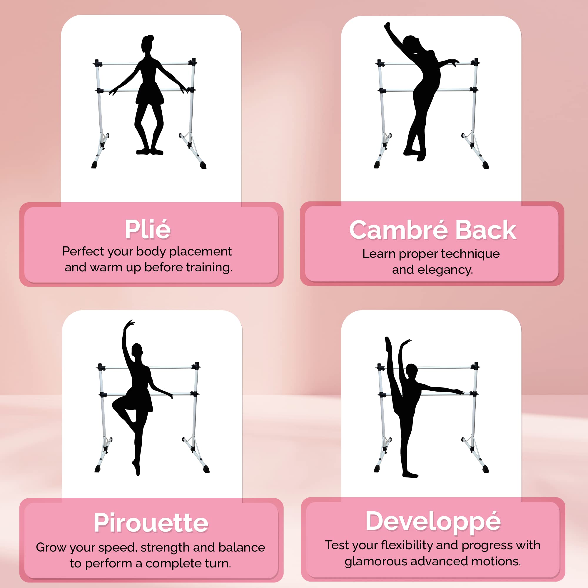 Premium 4 Ft Adjustable Steel Double Ballet Barre with Anti-Wobble Design - Portable Dance Bar for Home & Gym - Includes Carry Bag & Beginner Guide - Perfect for Ballet Practice, Stretching, Dance Training & Fitness Workouts