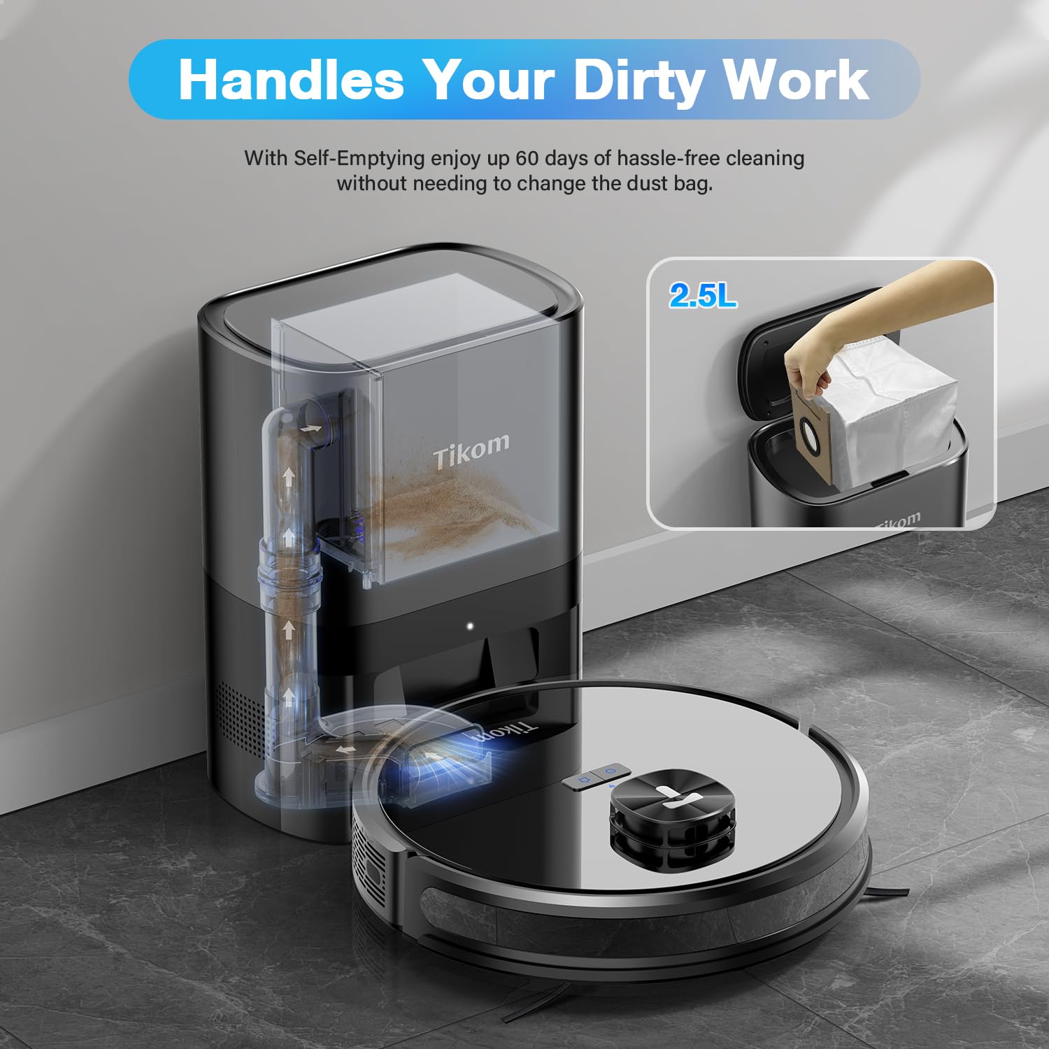 Tikom L9000 Plus Robot Vacuum and Mop Combo with Self-Emptying Base, 60-Day Dustbin Capacity, LiDAR Navigation & Smart Mapping, 4000Pa Strong Suction, 150 Mins Runtime, WiFi/App Control - Ideal for Pet Hair, Hardwood Floors & Carpets in Large Homes