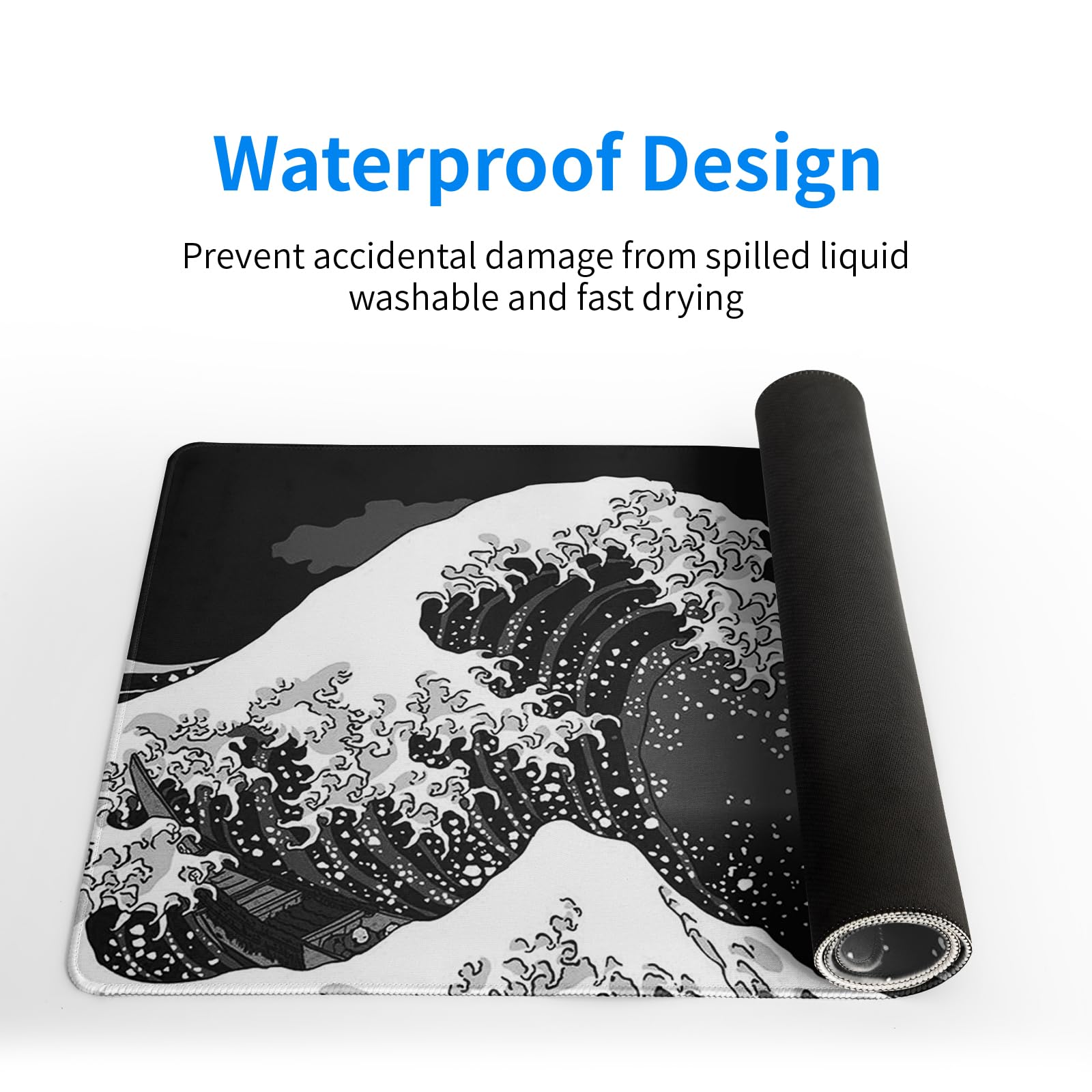Premium Japanese Black Sea Wave Design Mouse Pad - Extra Large 31.5x11.8 Inch Gaming Mouse Mat with Non-Slip Rubber Base & Stitched Edges - Kanagawa Inspired XL Desk Mat for Keyboard & Mouse - Perfect for Home Office, PC Gaming, and Workstation Setup