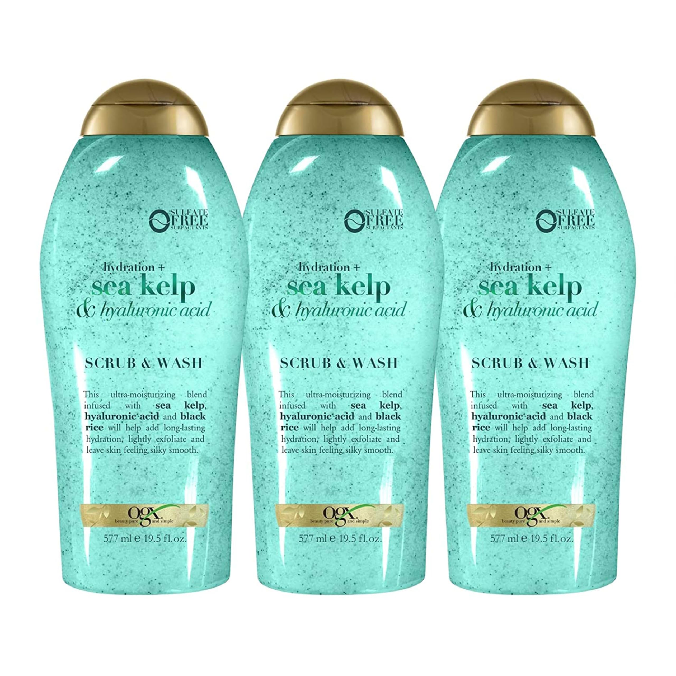 OGX Hydration + Sea Kelp & Hyaluronic Acid Sulfate-Free Body Scrub with Black Rice - Gentle Exfoliating Body Wash to Soften & Smooth Skin - 19.5 Fl Oz (Pack of 3) - Perfect for Daily Shower Routine & Spa-Like Skin Care at Home