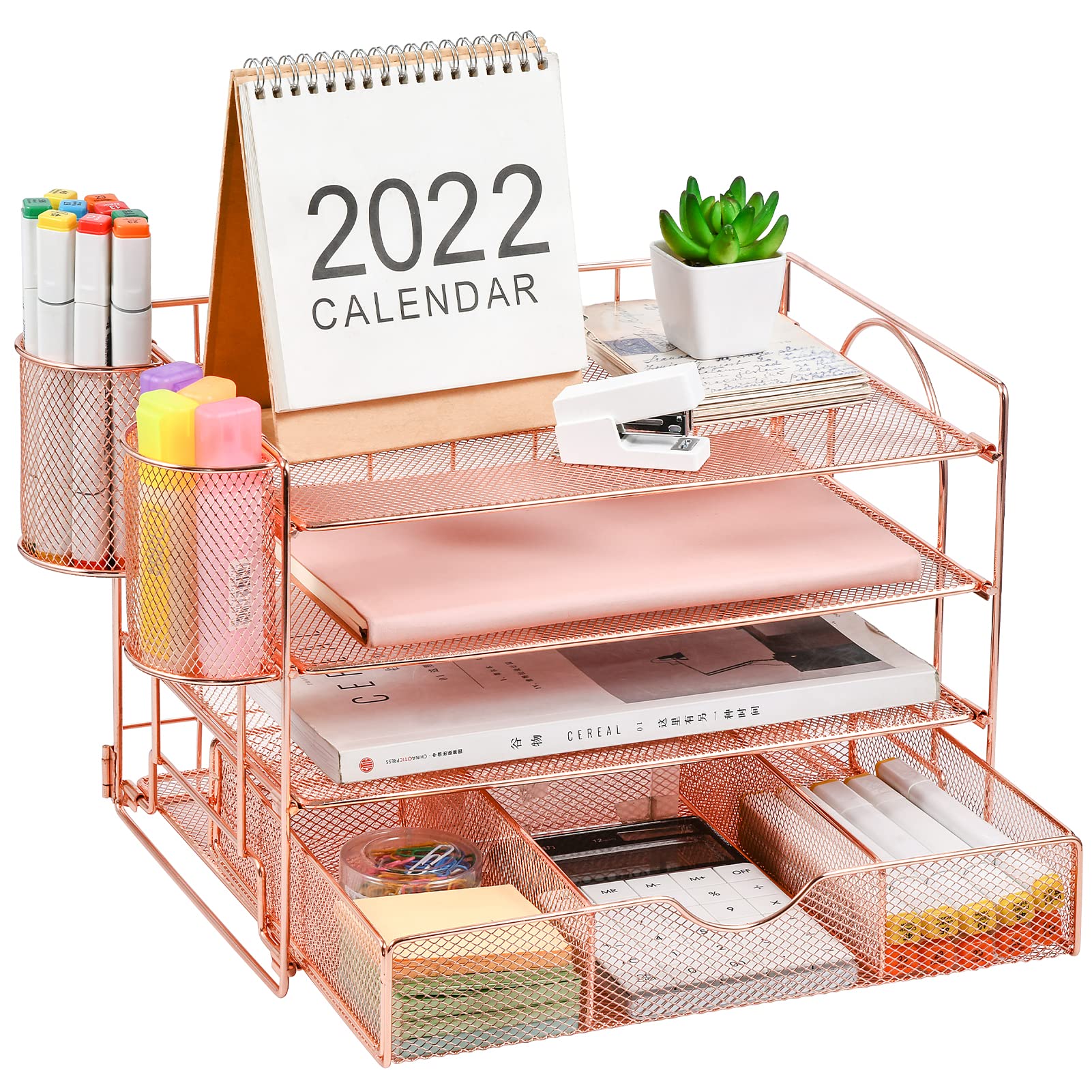 Marbrasse 4-Tray Desk File Organizer with 2 Pen Holders & Drawer - Rose Gold Desktop Hanging File Holder for Office Paper Letter Tray Organization - Perfect for Home Office, Workspace, and School Supplies Storage