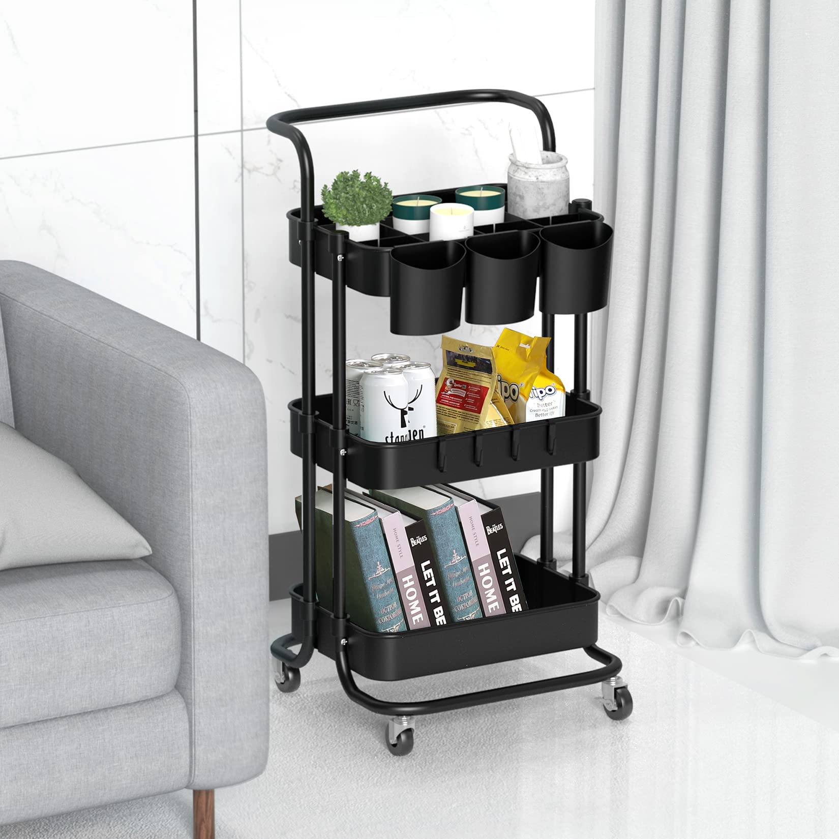 ALVOROG 3-Tier Rolling Utility Cart with Wheels & Hanging Cups - Mobile Storage Organizer for Kitchen, Office, Coffee Bar - Multifunctional Service Cart (Black) - Perfect for Home Organization, Commercial Use & Small Space Storage Solutions