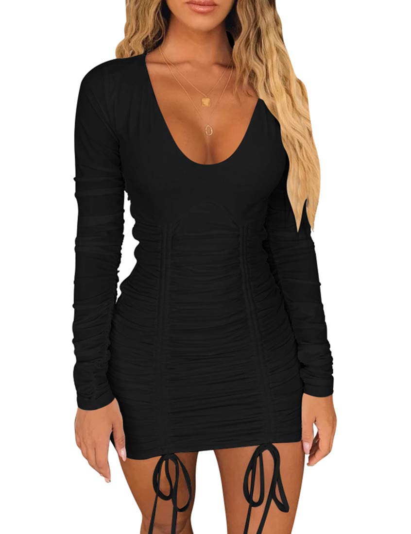 Mizoci Women's Sexy Bodycon Ruched Deep V Neck Drawstring Mini Dress for Club Party, Night Out, Date Night & Special Occasions