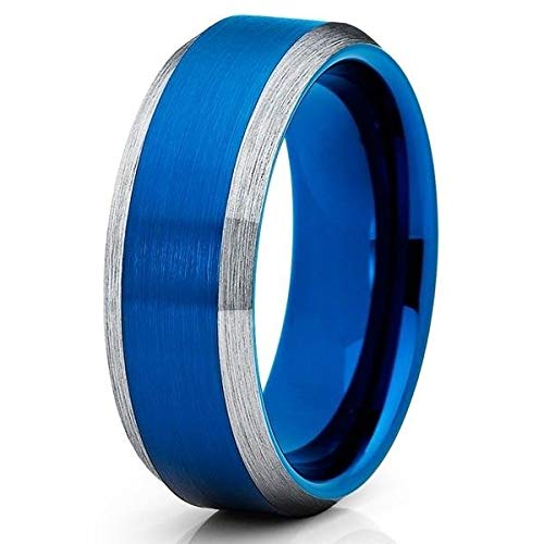 8mm Blue Tungsten Wedding Band for Men & Women - Durable Tungsten Carbide Engagement & Anniversary Ring with Comfort Fit Brush Finish - Perfect for Proposals, Vow Renewals & Everyday Wear