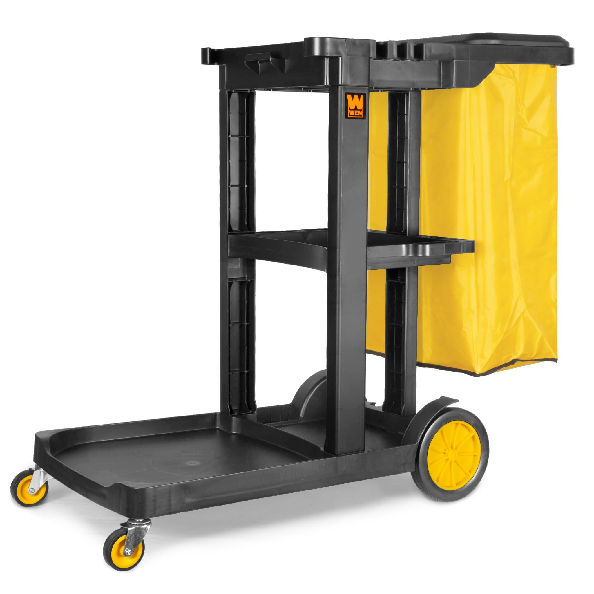WEN 73033 Commercial Janitorial Cart with 3 Heavy-Duty Shelves & 25 Gallon Vinyl Trash Bag - Ideal for Office Cleaning, Hotel Housekeeping & School Maintenance