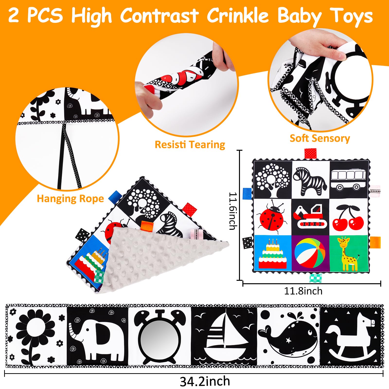 2-Pack Black & White High Contrast Baby Toys 0-6 Months - Soft Crinkle Book for Early Education & Montessori Sensory Development - Newborn Brain Stimulation & Tummy Time Mirror - Perfect Infant Toys 6-12 Months for Baby Shower Gifts & Nursery Playtime