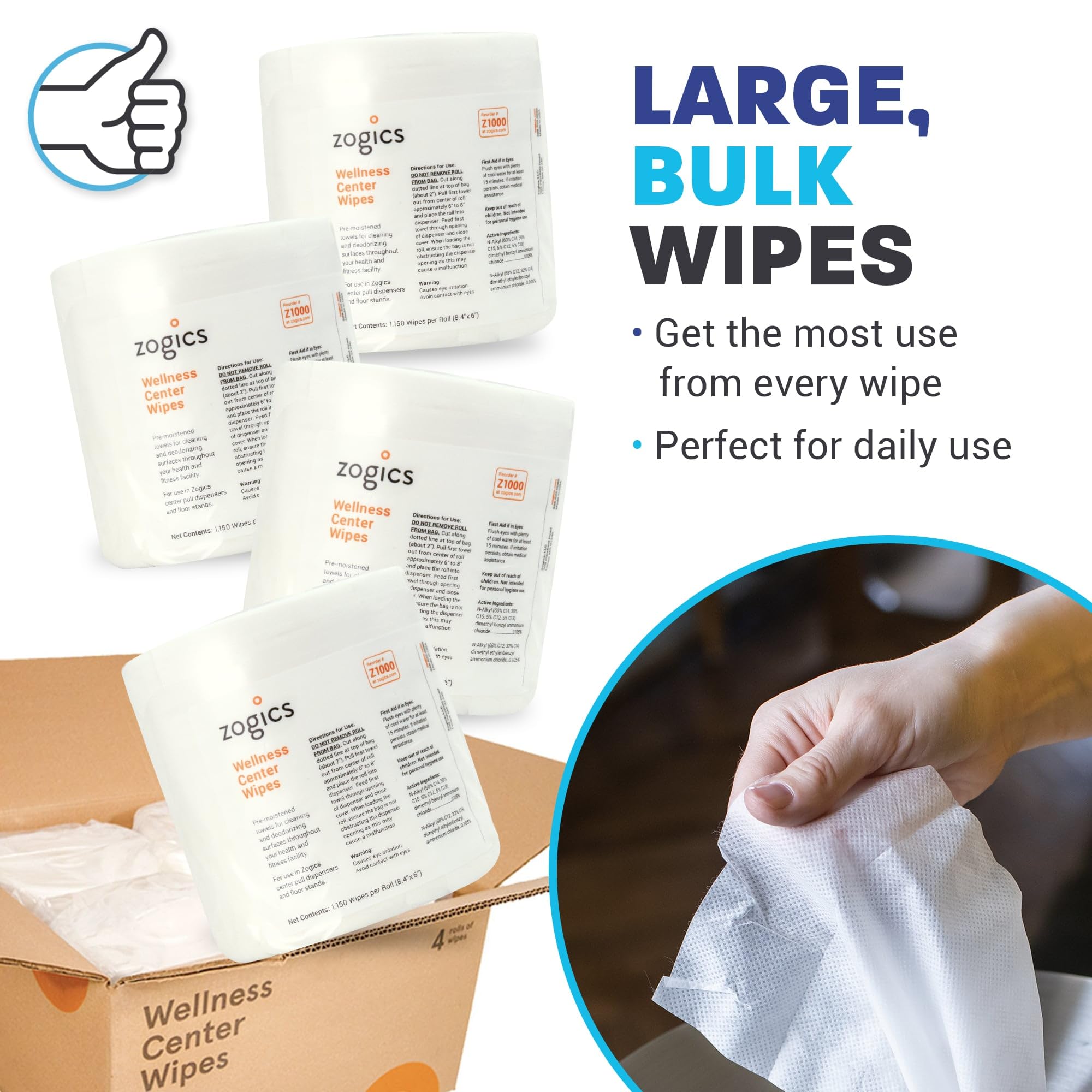 Zogics Wellness Center Cleaning Wipes - 4600 Count Disinfecting Gym Wipes for Equipment & Surfaces | Pre-Saturated, Durable & Safe Wet Wipes (4 Rolls x 1150) | Perfect for Fitness Centers, Yoga Studios & Home Gym Cleaning