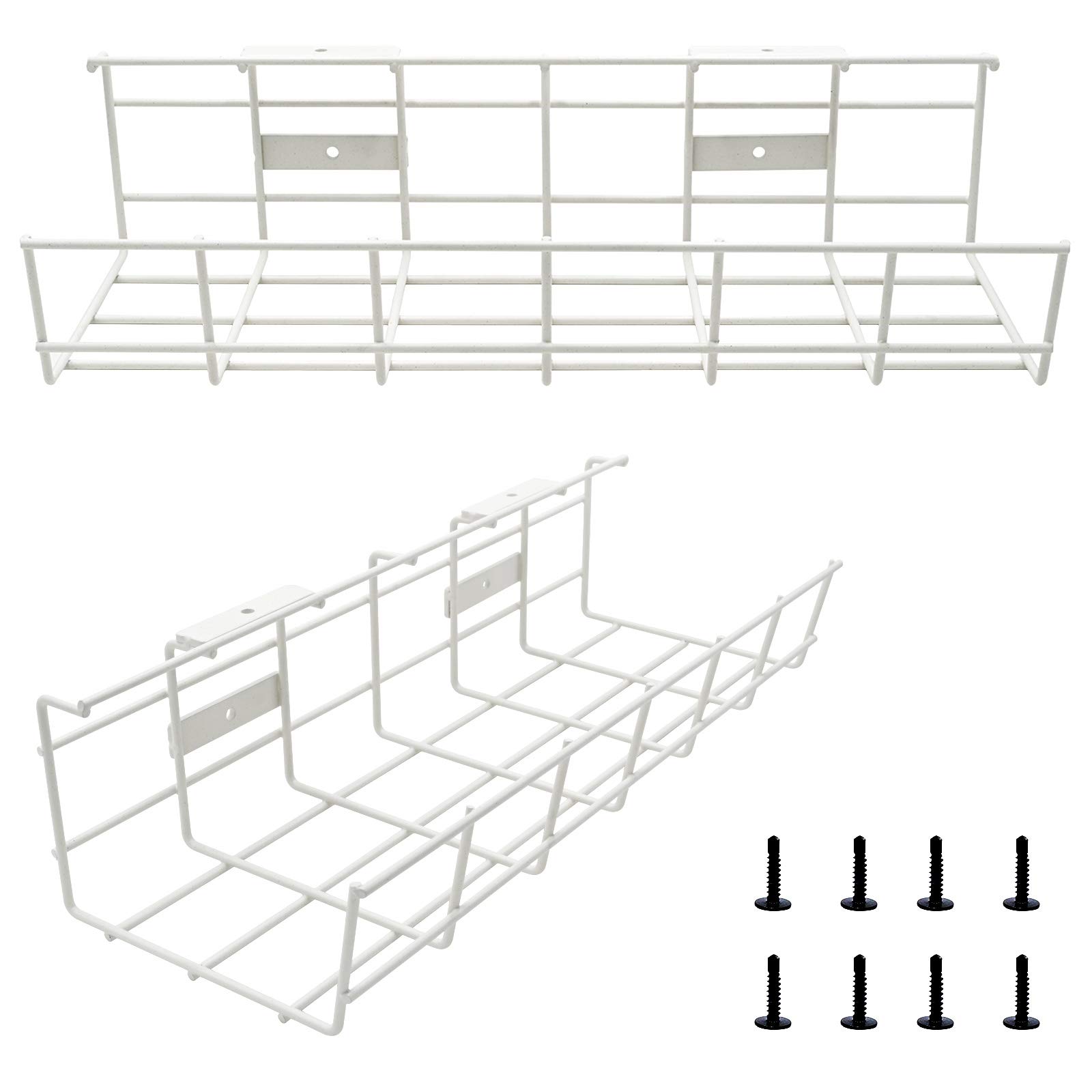 Under Desk Cable Tray Organizer - 2 Pack Metal Wire Management Raceway for Office, Home & Studio | Heavy Duty Cord Organizer for Computer Desk (White) | Perfect for Home Office Setup & Gaming Station Cable Management