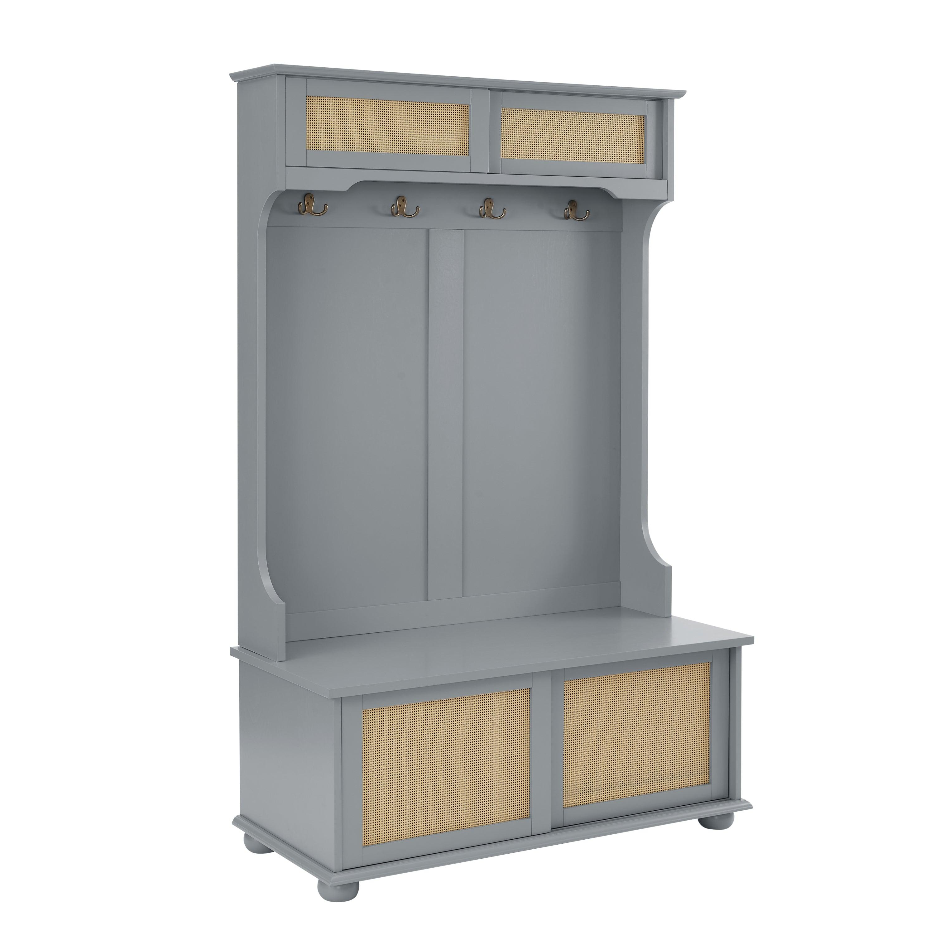 Stylish Gray Entryway Bench with Rattan Shelves & Shoe Storage - Solid Wood Hall Tree (40.16