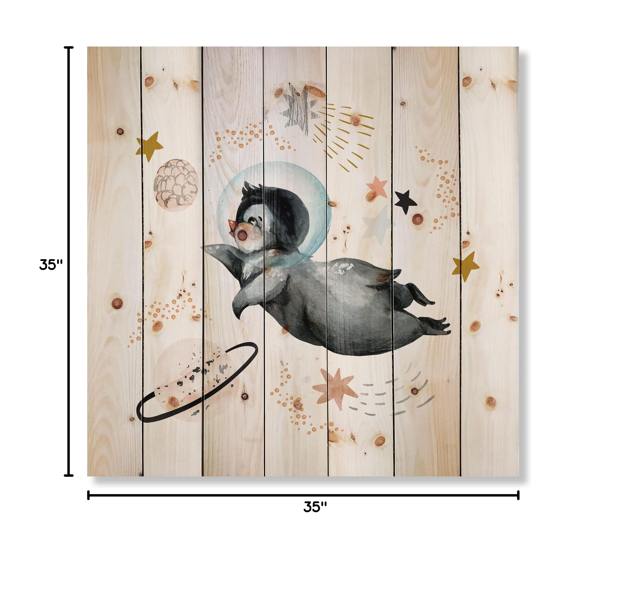 DesignQ Little Penguin Flying Stars & Planets II Farmhouse Wood Wall Decor - Grey Wood Wall Art, Large Animal Wood Panels Printed on Natural Pine - Perfect for Nursery, Kids Room & Living Room Decor
