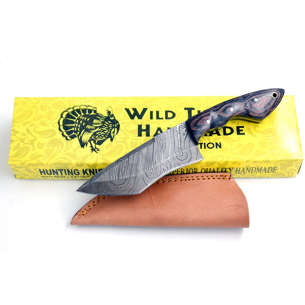 Premium Wild Turkey Damascus Steel Hunting & Chef Knife - Full Tang Handcrafted Blade with Leather Sheath - Ideal for Outdoor Camping, Cooking & Survival Adventures