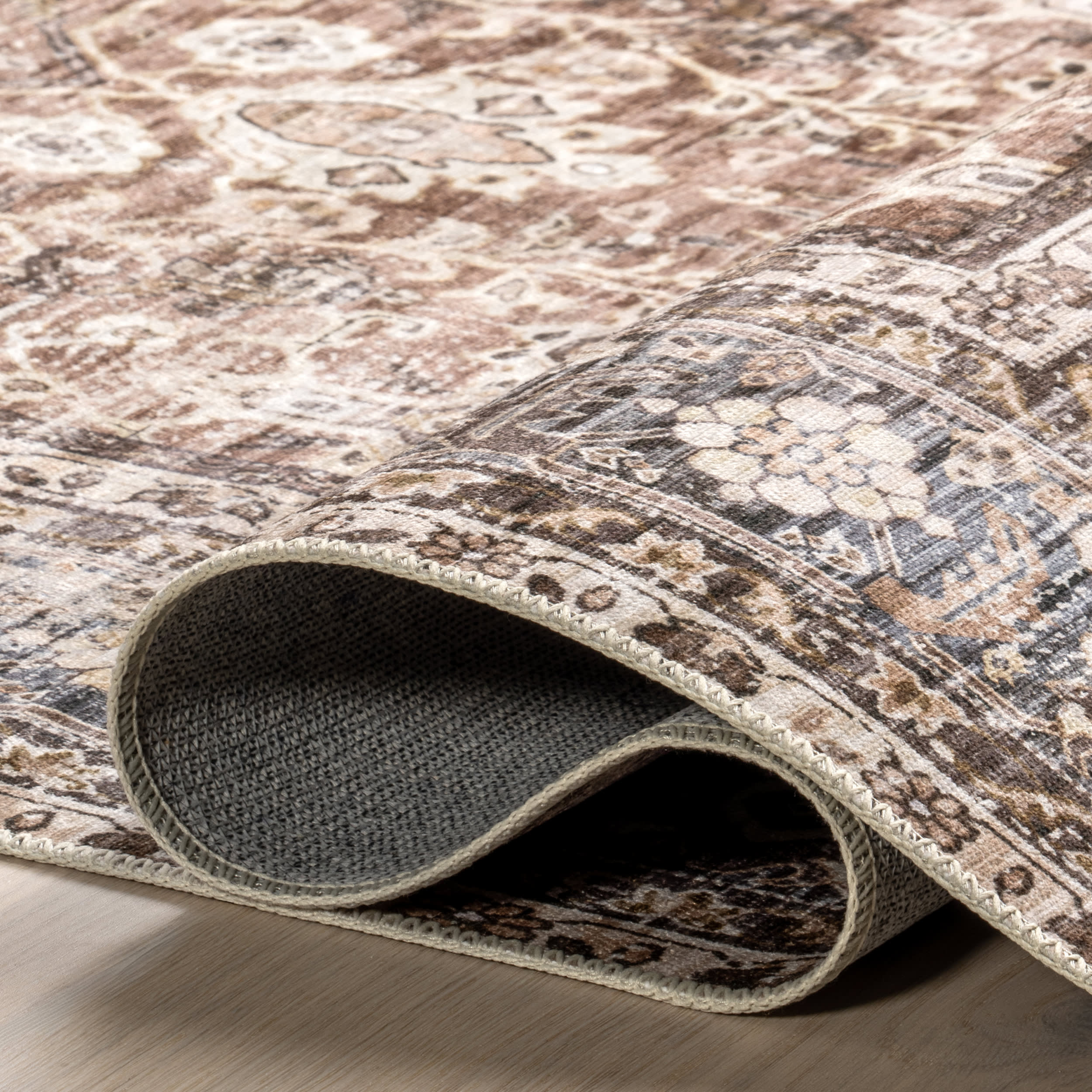 Eula Floral Spill Proof Washable Rug - Brown | Non-Slip Kitchen Mat, Living Room Decor, Bedroom Runner - Perfect for High Traffic Areas & Pet Friendly Homes