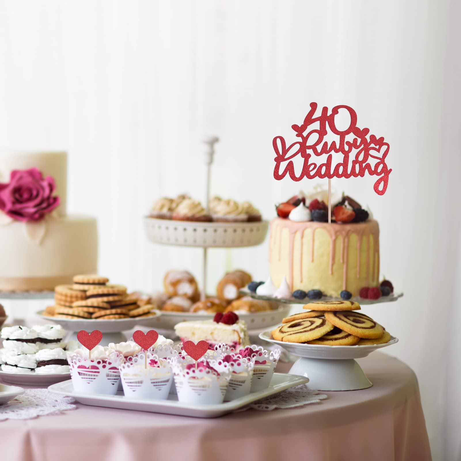 40th Wedding Anniversary Cake Topper Set - Ruby Red Glitter Cake Decorations with 14 Heart Toppers for 40 Year Celebration Party Supplies | Perfect for Anniversary Cakes, Dessert Tables & Wedding Receptions