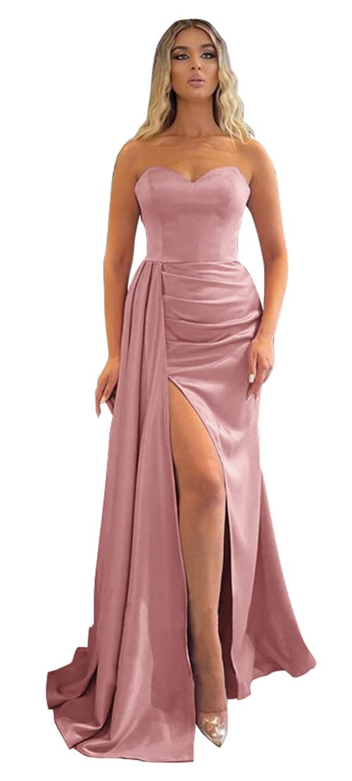 Elegant Mermaid Prom Dresses 2024 | Strapless Satin Formal Gown with High Slit & Train | Women's Evening Dress for Bridesmaid, Homecoming, Wedding & Special Occasions