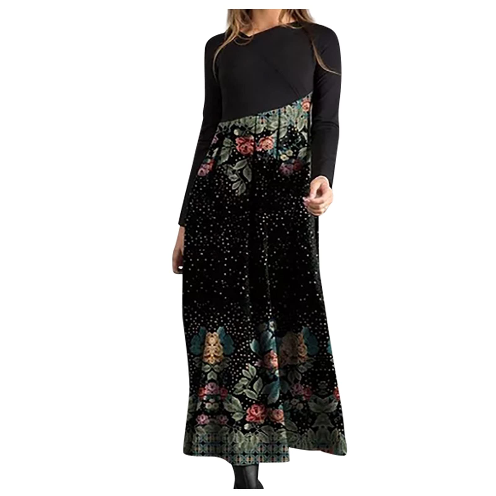 HAOREEKZ Women's Bohemian Printed Long Dress - Slim Fit Long Sleeve Casual Dress for Fall Winter 2022 | Perfect for Holiday Parties, Date Nights & Office Wear