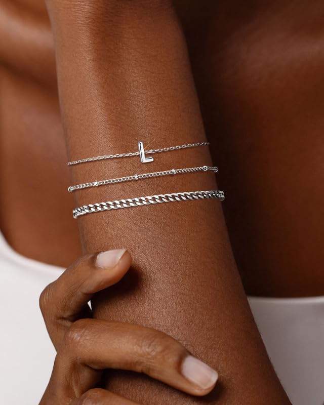 3 Pcs 14K Gold Plated Initial Bracelets for Women - Stackable Letter Charm A-Z Monogram Jewelry Set, Anti Tarnish Silver & Gold Bracelet Gift for Her - Perfect for Birthday, Anniversary, Valentine's Day Gifts