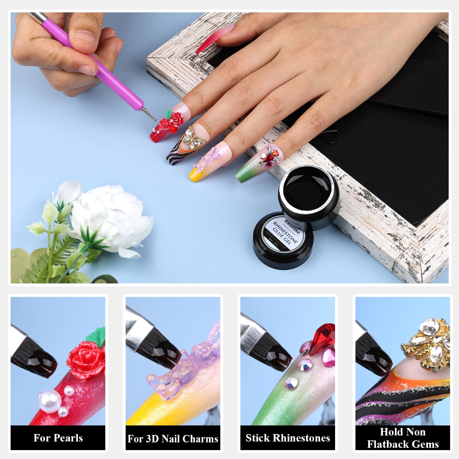 Super Strong 8ml Nail Charm Glue - Rhinestone & Jewel Adhesive with Dual-Use Brush & Dotting Tool for Nail Art Decorations (2 Pack) - Perfect for DIY Manicures, Salon Nails & Home Beauty Treatments