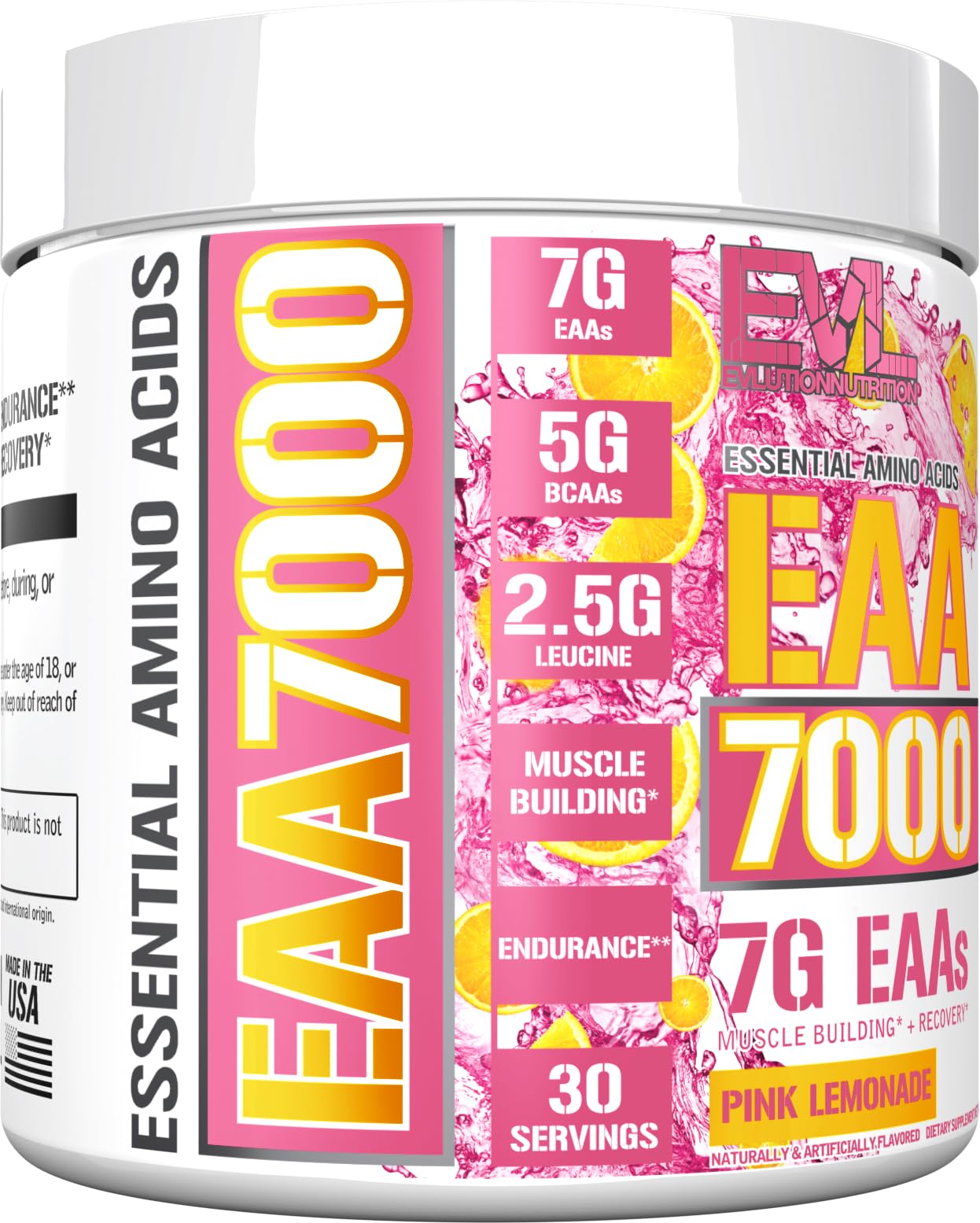 EVLution Nutrition EAA 7000 Essential Amino Acids Powder - Pink Lemonade Flavor, 309g for Muscle Recovery & Workout Energy | Pre & Post Workout Supplement for Athletes & Fitness Enthusiasts