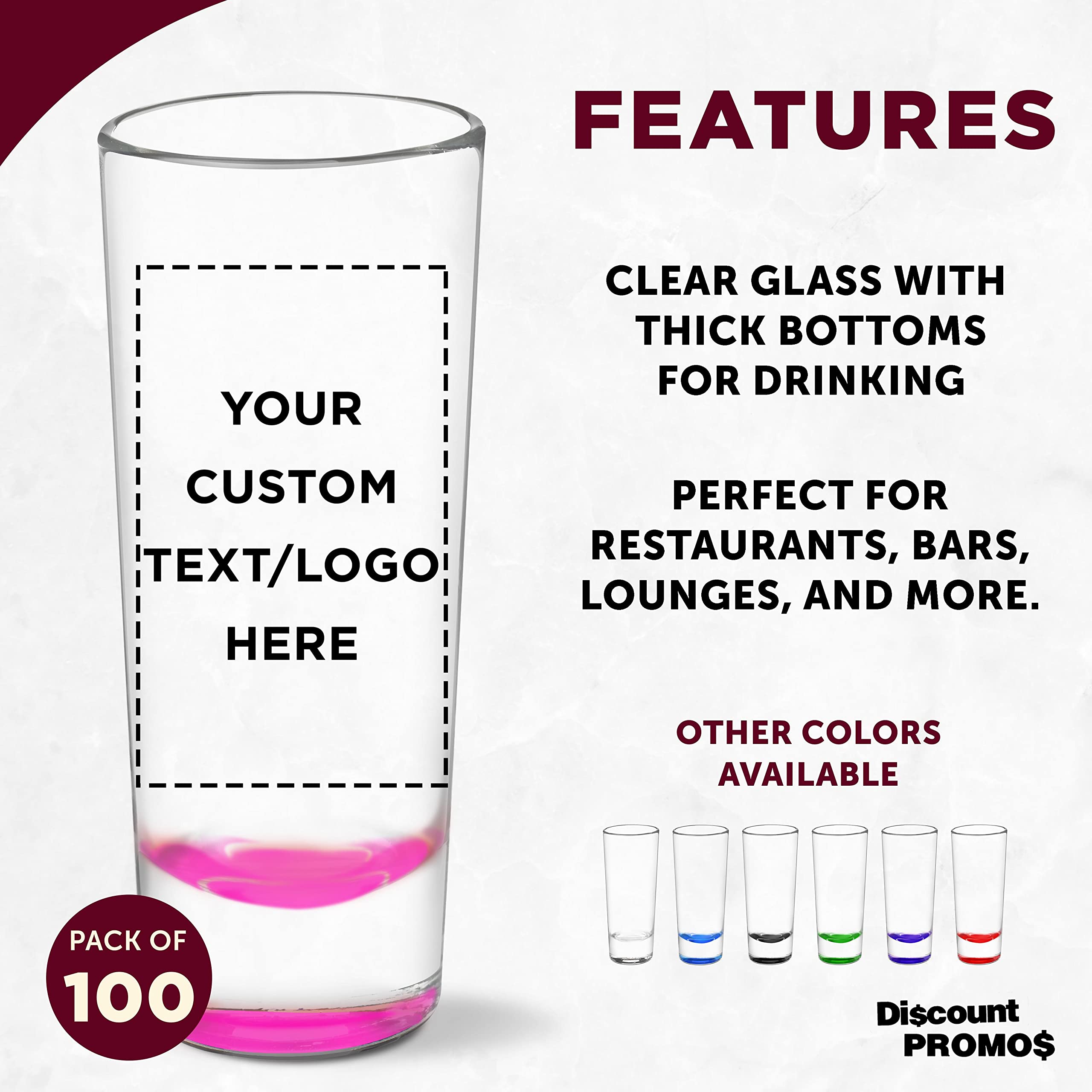 Custom 2 oz Cordial Shot Glasses - Bulk Set of 100 Personalized Pink Shooter Glasses for Parties, Weddings & Events - Perfect for Cocktails, Liquor Tasting & Bar Decor