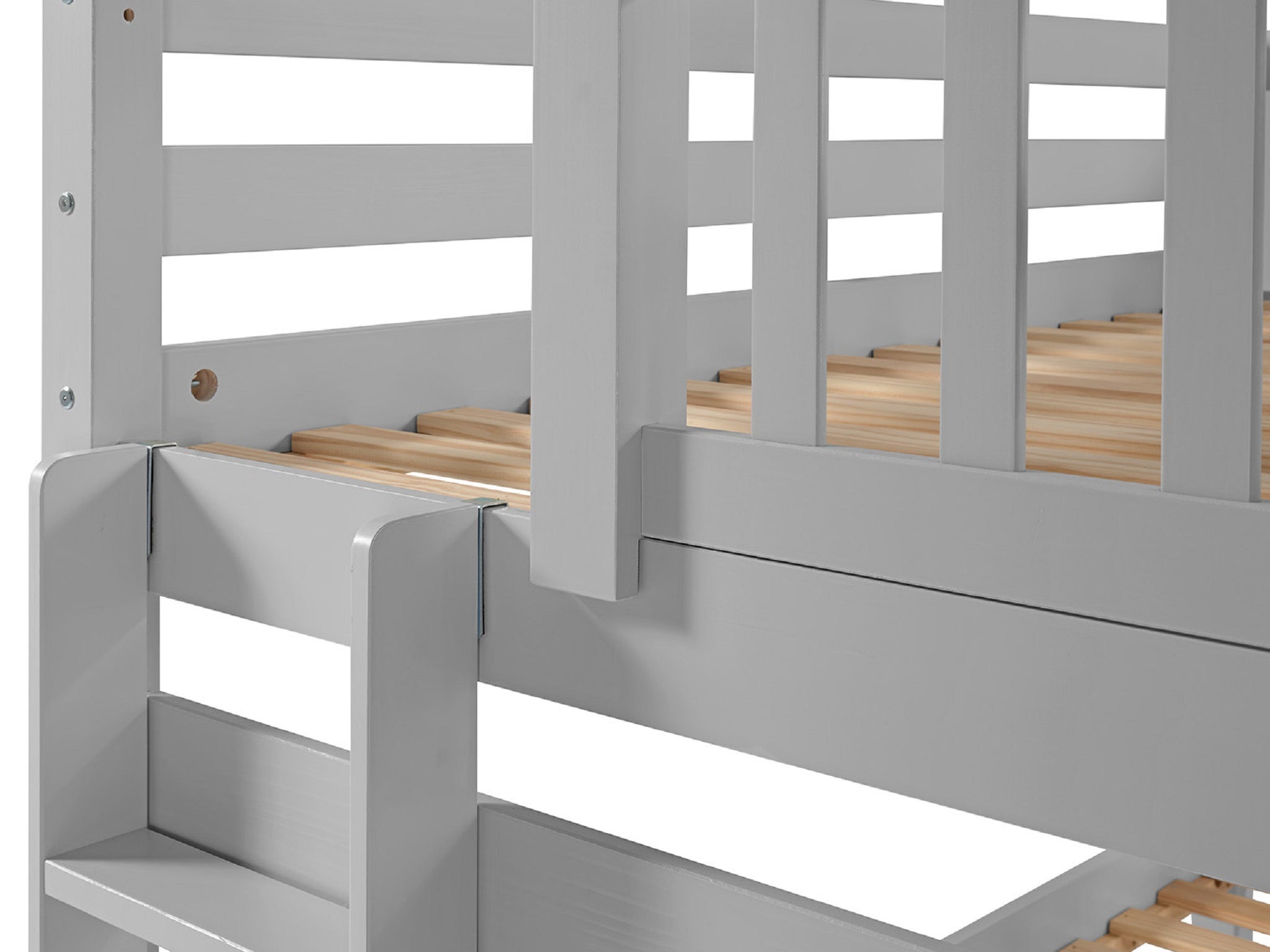 Twin Over Twin Bunk Bed with End Ladder & Trundle - Space-Saving Gray Kids Bedroom Furniture for Small Rooms, Guest Rooms & Vacation Homes