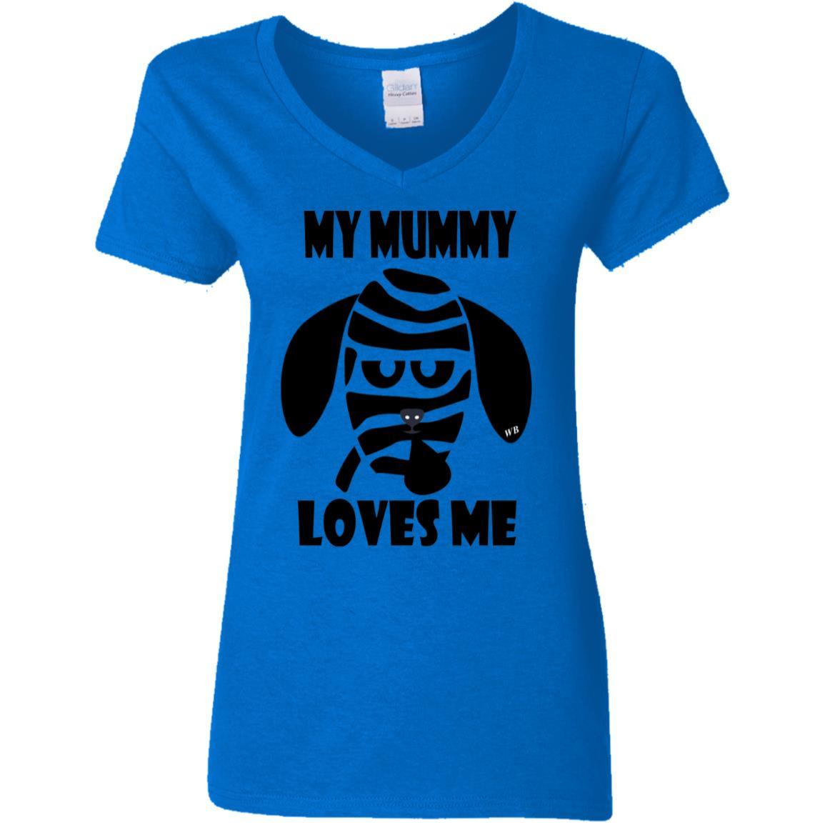 My Mummy Loves Me Halloween Women's 5.3 oz V-Neck T-Shirt | Funny Spooky Graphic Tee for Costume Parties & Trick or Treating