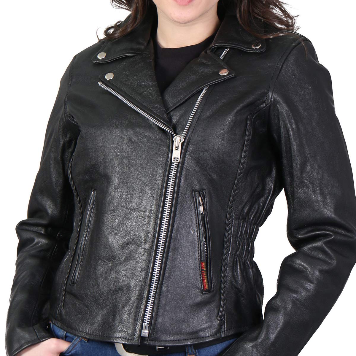 Black Leather Braided Motorcycle Jacket for Women - Stylish & Durable Riding Gear for Bikers & Outdoor Adventures