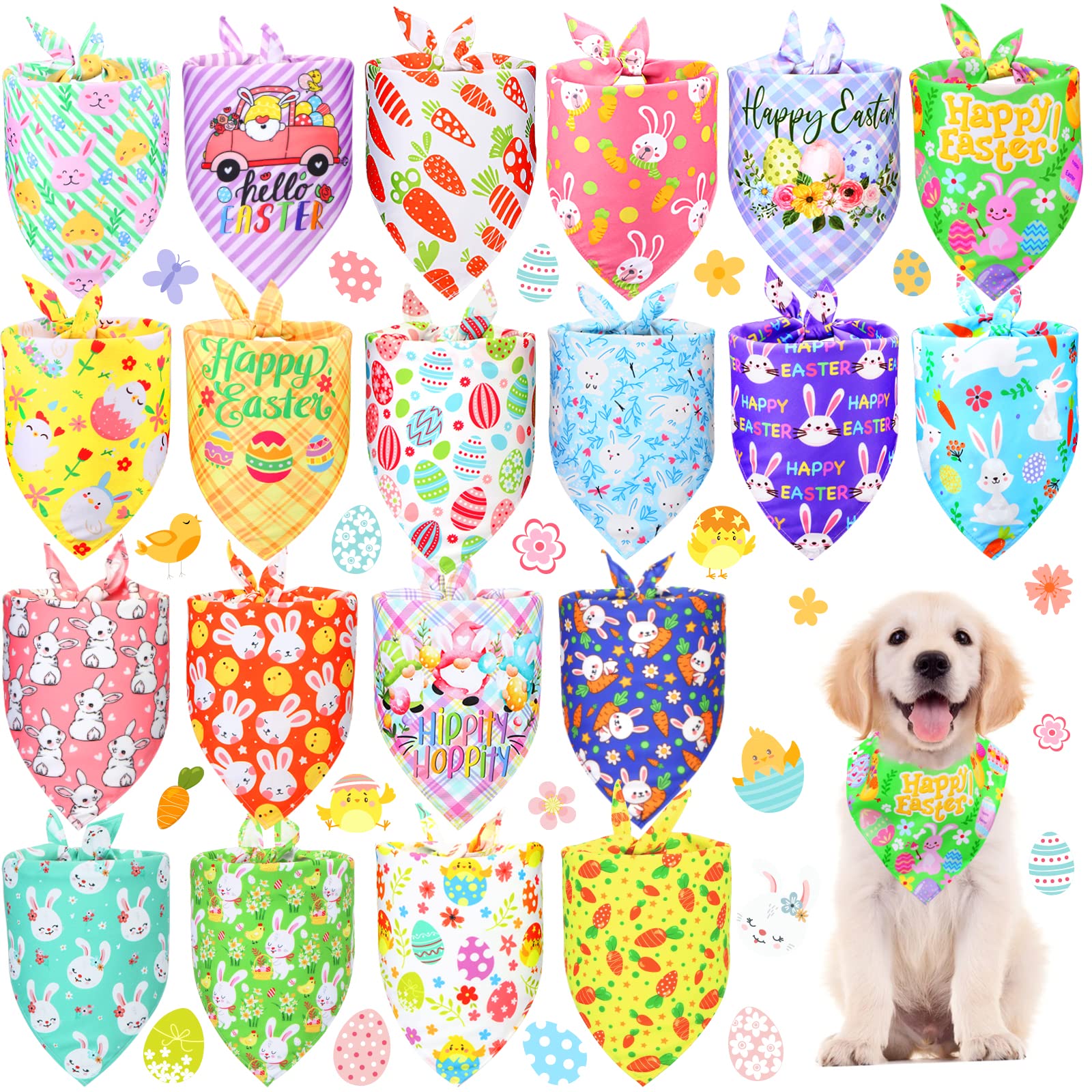 20-Piece Easter Dog Bandanas Set - Adjustable Pet Scarves with Bunny, Egg & Carrot Patterns - Washable Holiday Dog Bibs for Small, Medium & Large Dogs - Perfect for Easter Photos, Pet Parties & Seasonal Celebrations