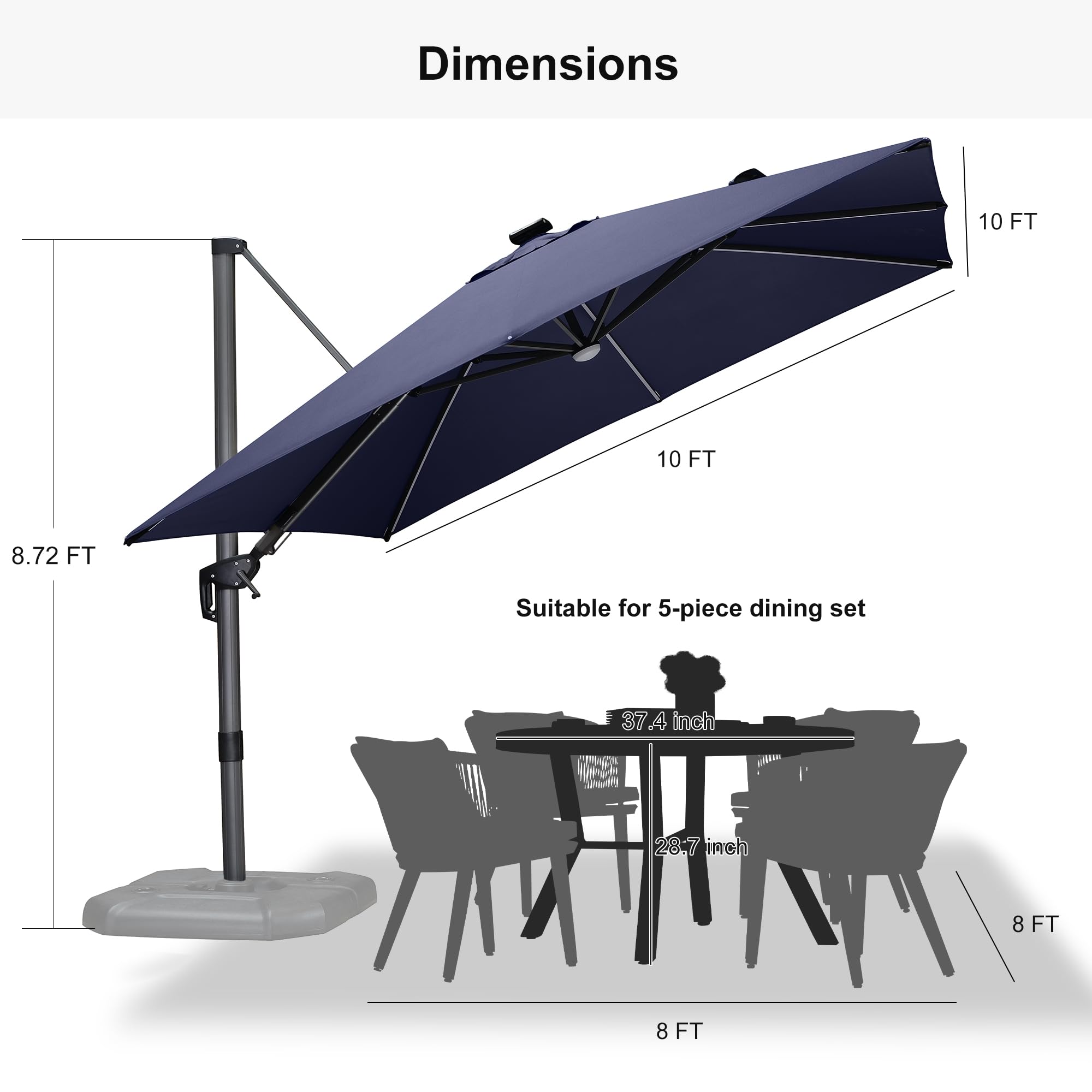 PURPLE LEAF 10ft Solar LED Patio Umbrella with 360° Rotation & Aluminum Base - Navy Blue Outdoor Offset Umbrella for Garden, Pool, Deck & Backyard Relaxation