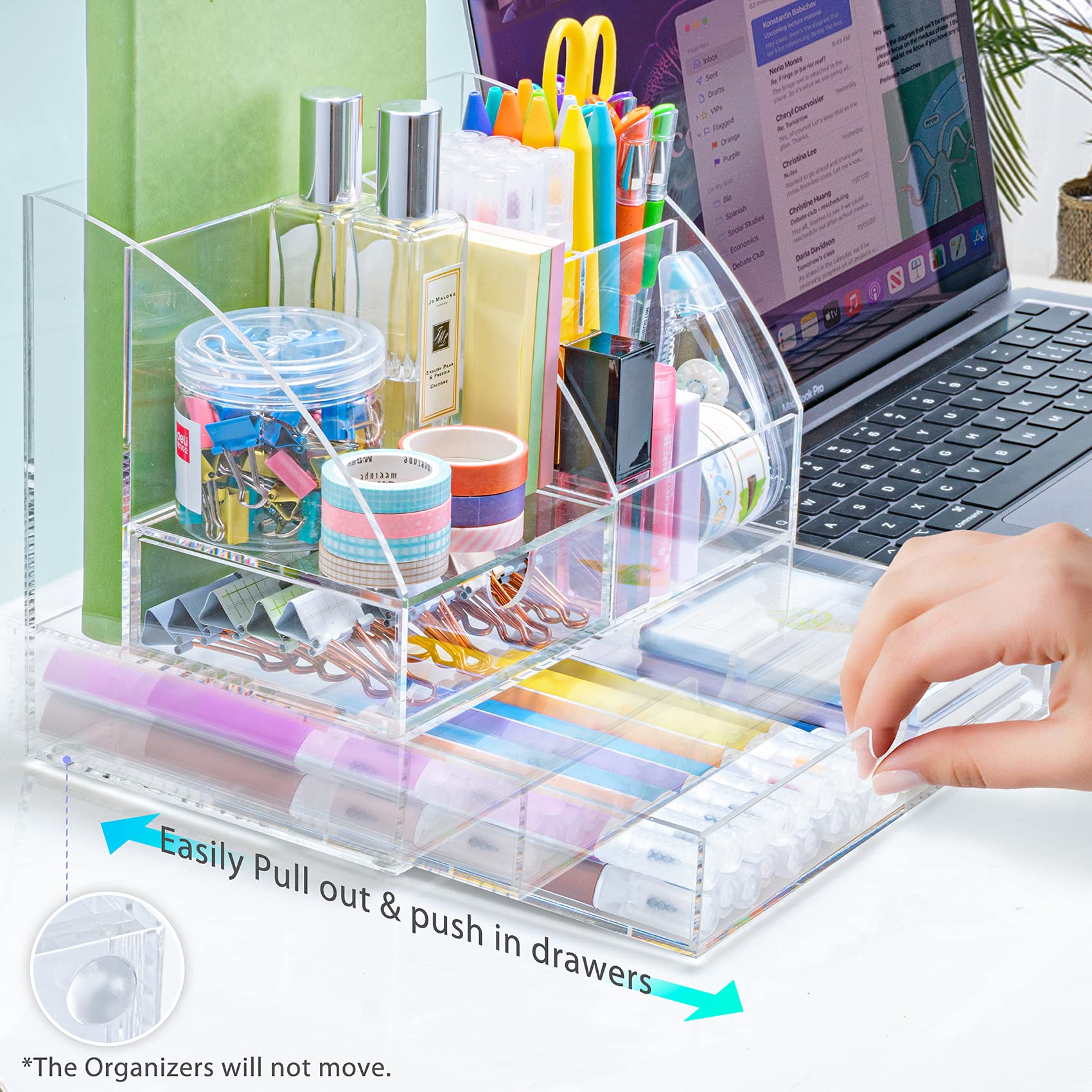 ARCOBIS Clear Acrylic Desk Organizer with 5 Compartments & 2 Sliding Drawers - Office Desktop Storage for Pens, Stationery, Paper Clips - Perfect for Home Office, School, and Workspace Organization