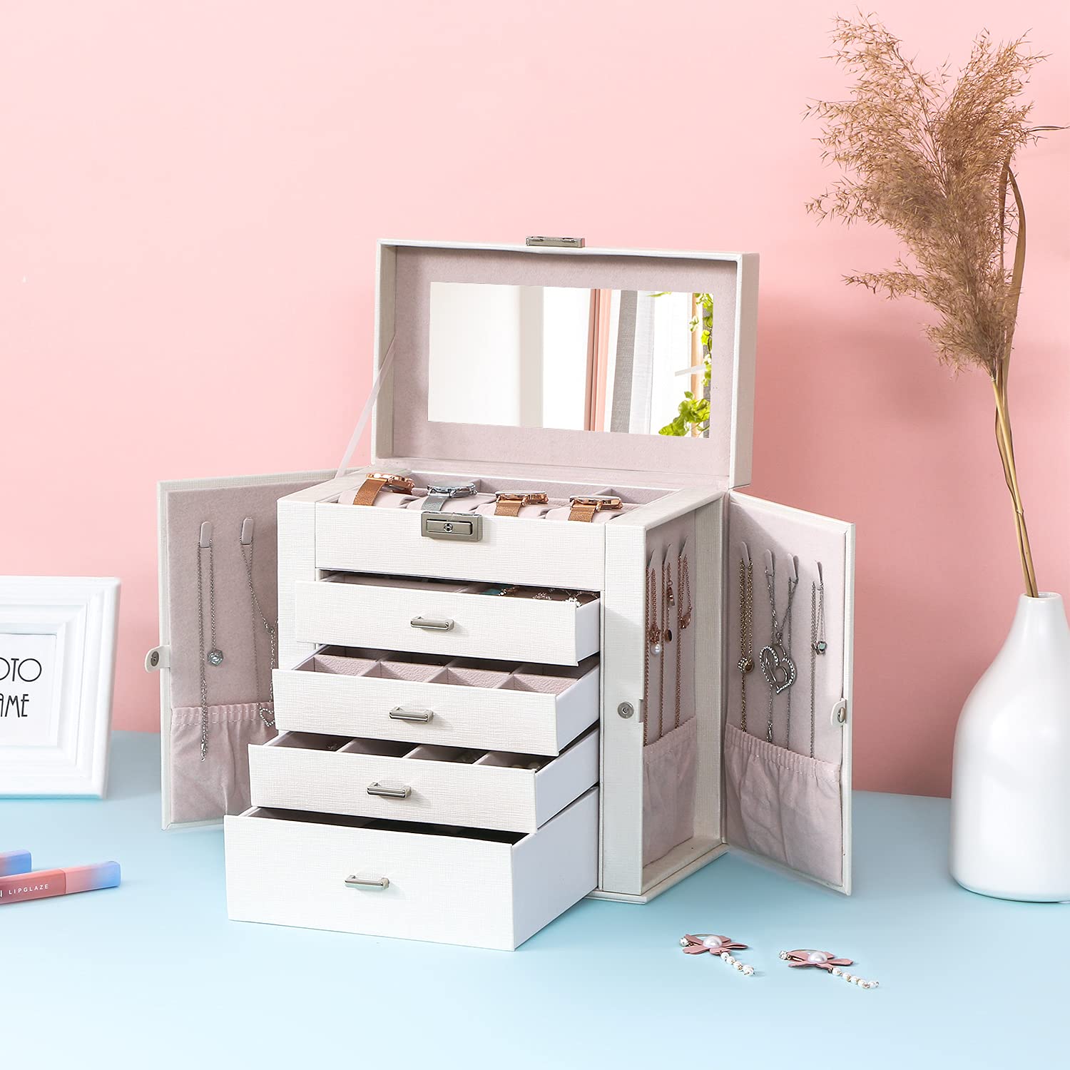 ANWBROAD Large Jewelry Box Organizer for Women & Girls - Sturdy Jewelry Storage Case with Drawers, Mirror & Lock (UJJB003W) - Perfect for Bedroom Vanity, Travel & Gift Giving