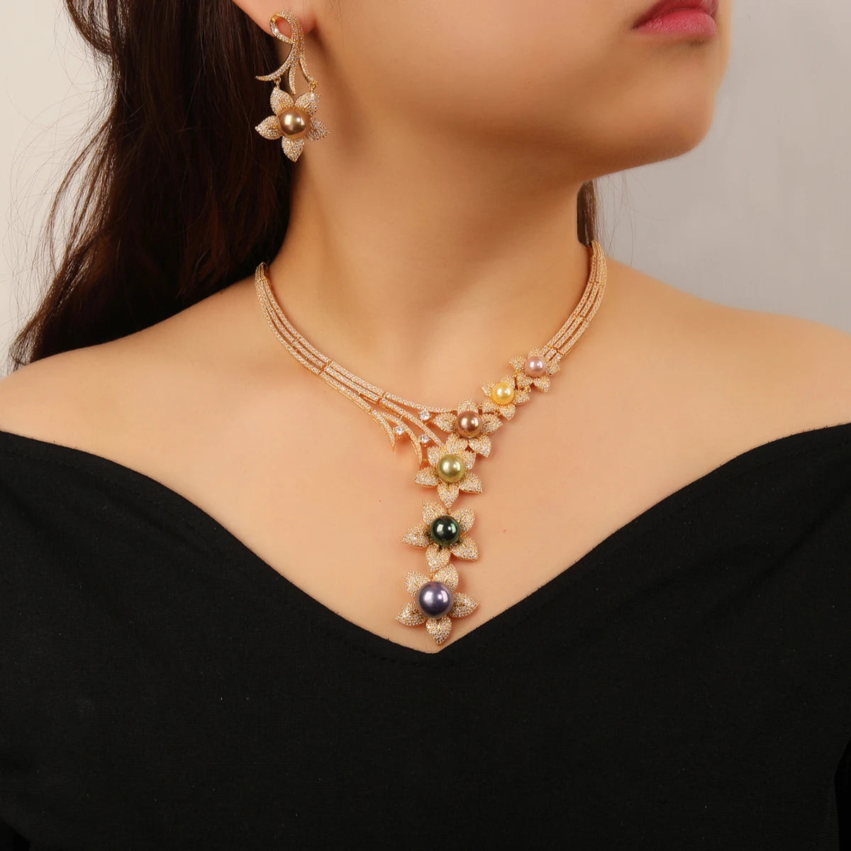 Luxury 2-Piece Cubic Zirconia Pearl Flower Necklace & Earrings Set for Women - Elegant Wedding, Party & Evening Jewelry - Perfect for Bridal, Prom & Special Occasions