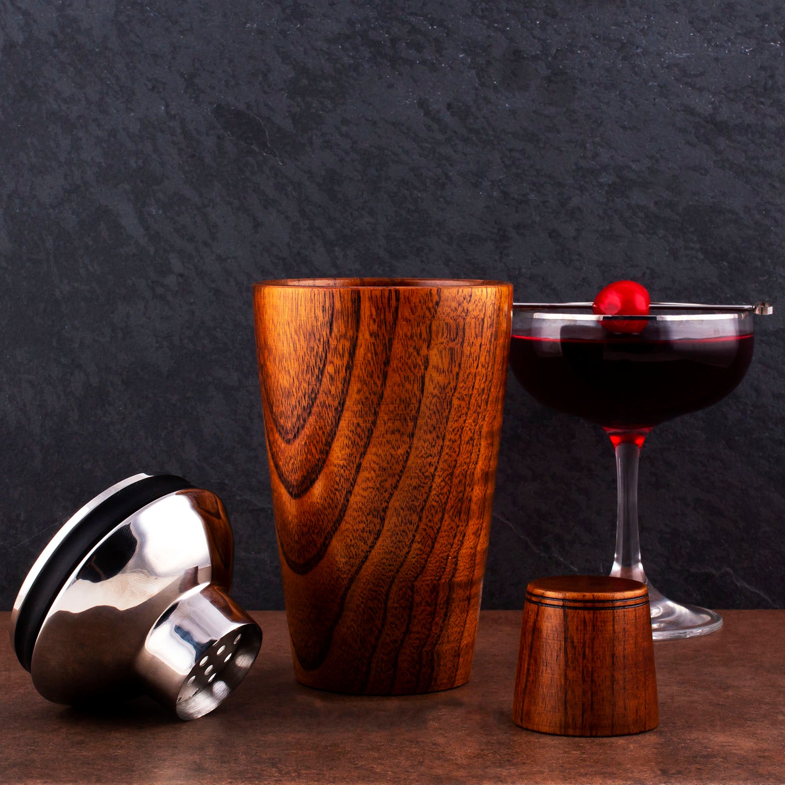 17 oz Solid Wood 3-Piece Cocktail Shaker Set - Premium Bar Mixing Tools for Home Bartending, Parties & Professional Use