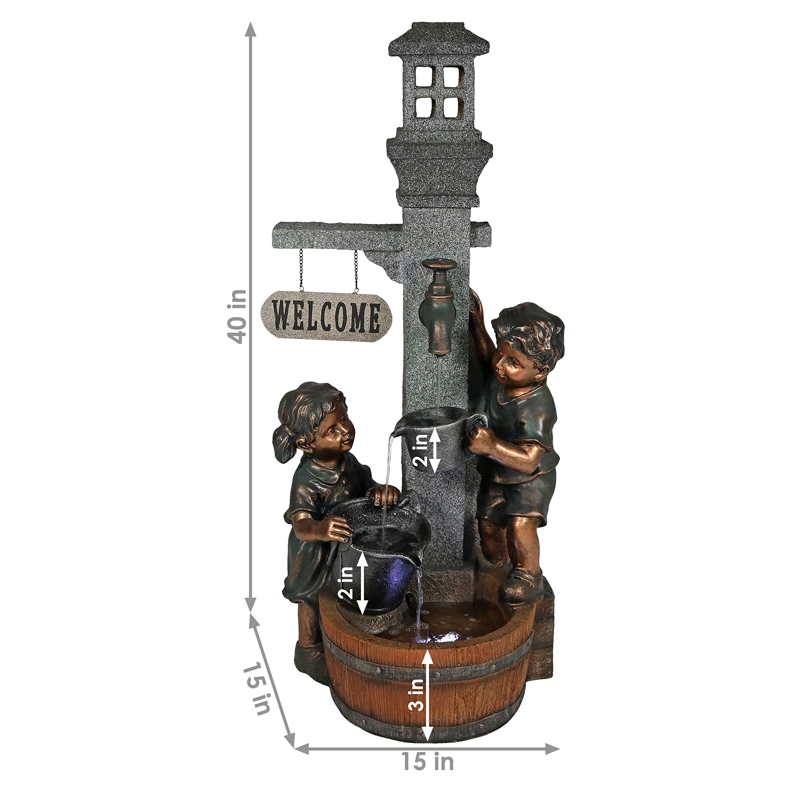 40-Inch LED Outdoor Water Fountain for Kids - Sunnydaze Garden Water Feature with Faucet for Patio, Yard & Balcony | Perfect for Children's Play Area & Backyard Decor
