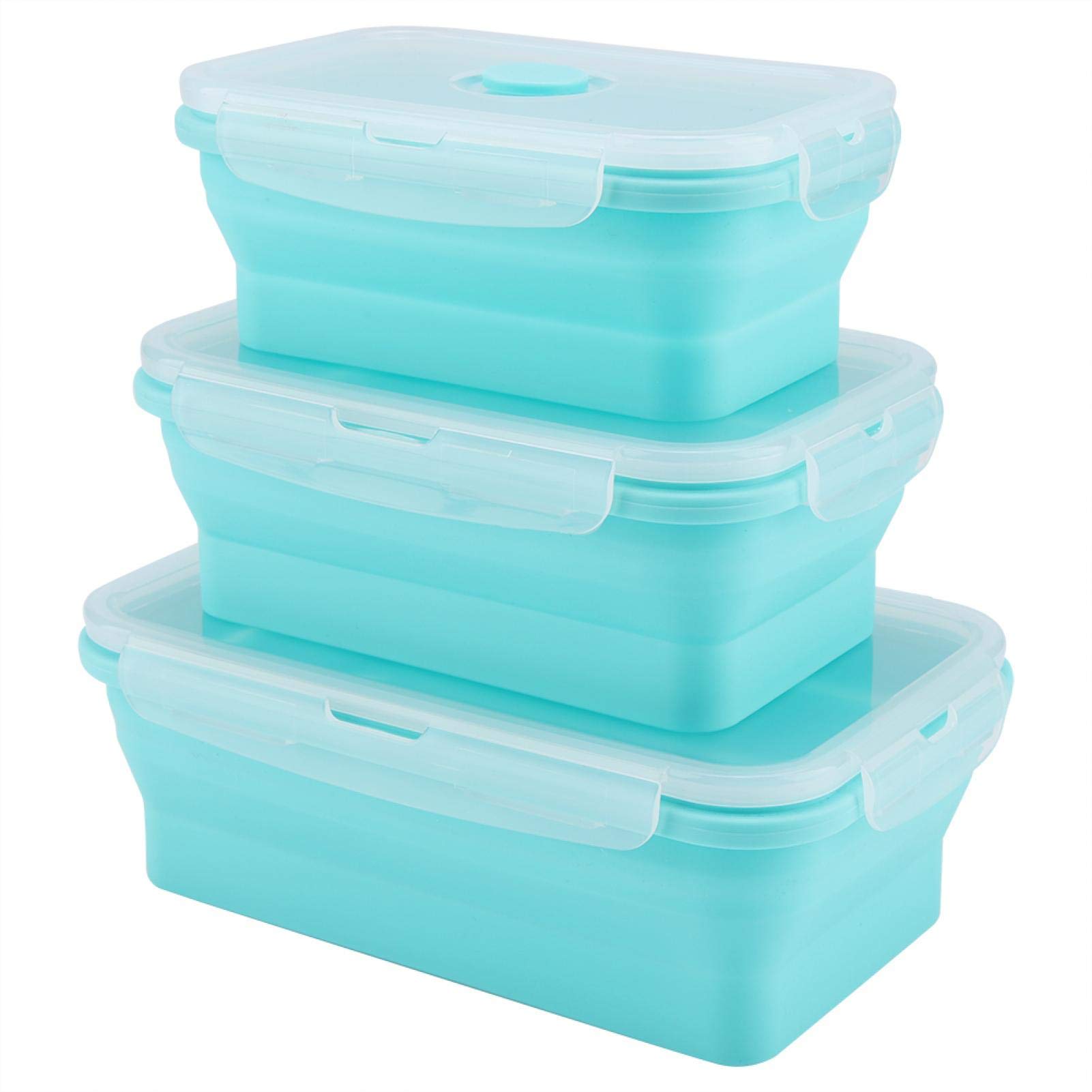 Hyuduo 3-Piece Collapsible Silicone Food Storage Containers Set - Microwave & Freezer Safe, 350/500/800ml Bento Box for Meal Prep, Lunch, Picnics & Office (Mint Green) | Space-Saving Kitchen Organizers