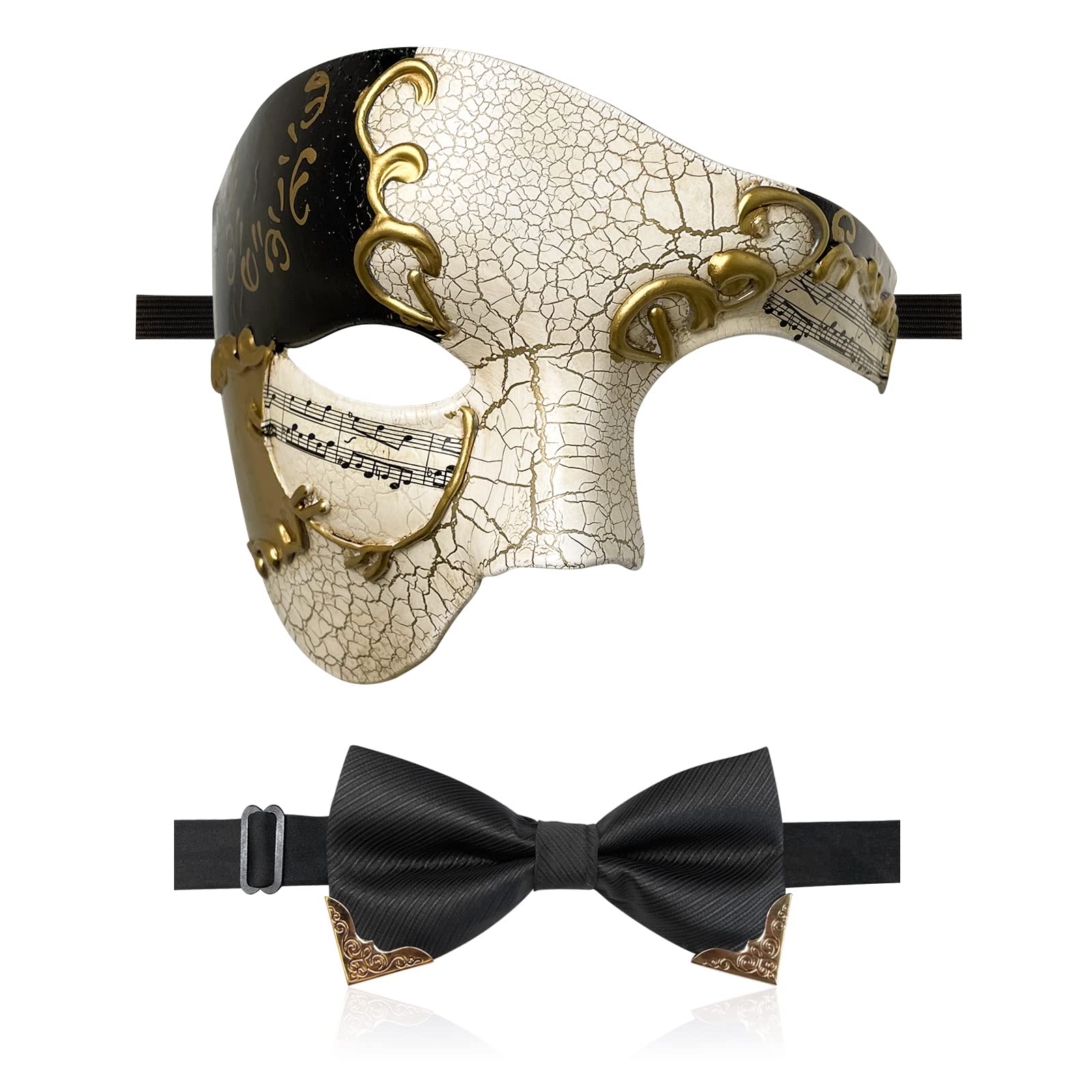 Phantom of the Opera Masquerade Mask for Men - Elegant Half Face Venetian Mask with Bow Tie | Perfect for Halloween Parties, Costume Balls & Mardi Gras Celebrations