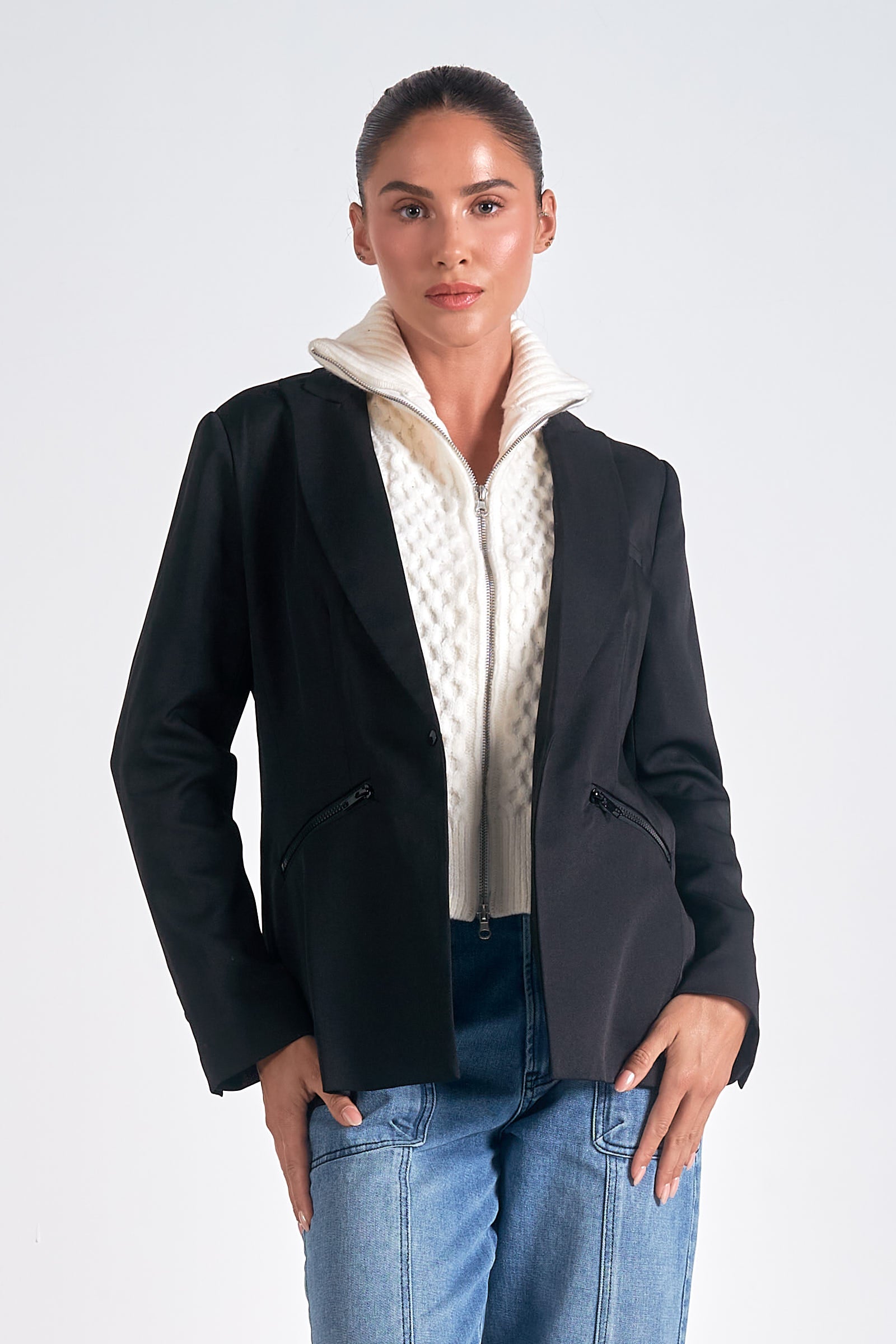 Harper Blazer Hoodie for Women - Black & Cream Zip Up Jacket with Pockets | Casual Outerwear for Work, Travel & Street Style