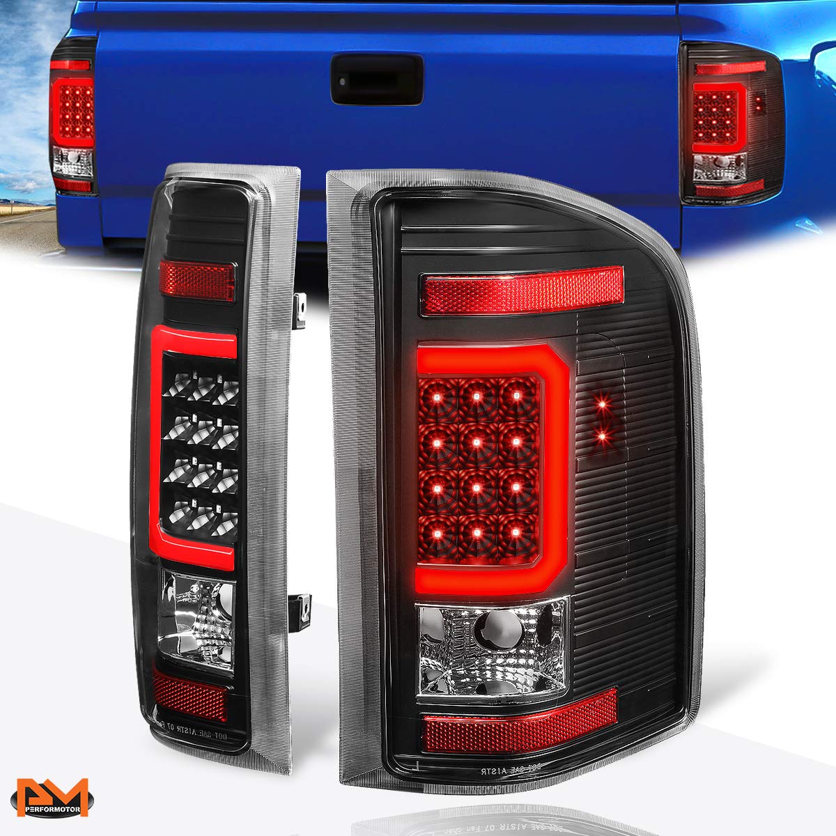 PM PERFORMOTOR Red C-Shape 3D LED Tail Brake Light Bar - Compatible with 2007-2014 Chevy Silverado (Black Housing/Clear Lens) - Enhanced Night Visibility & Custom Styling for Trucks