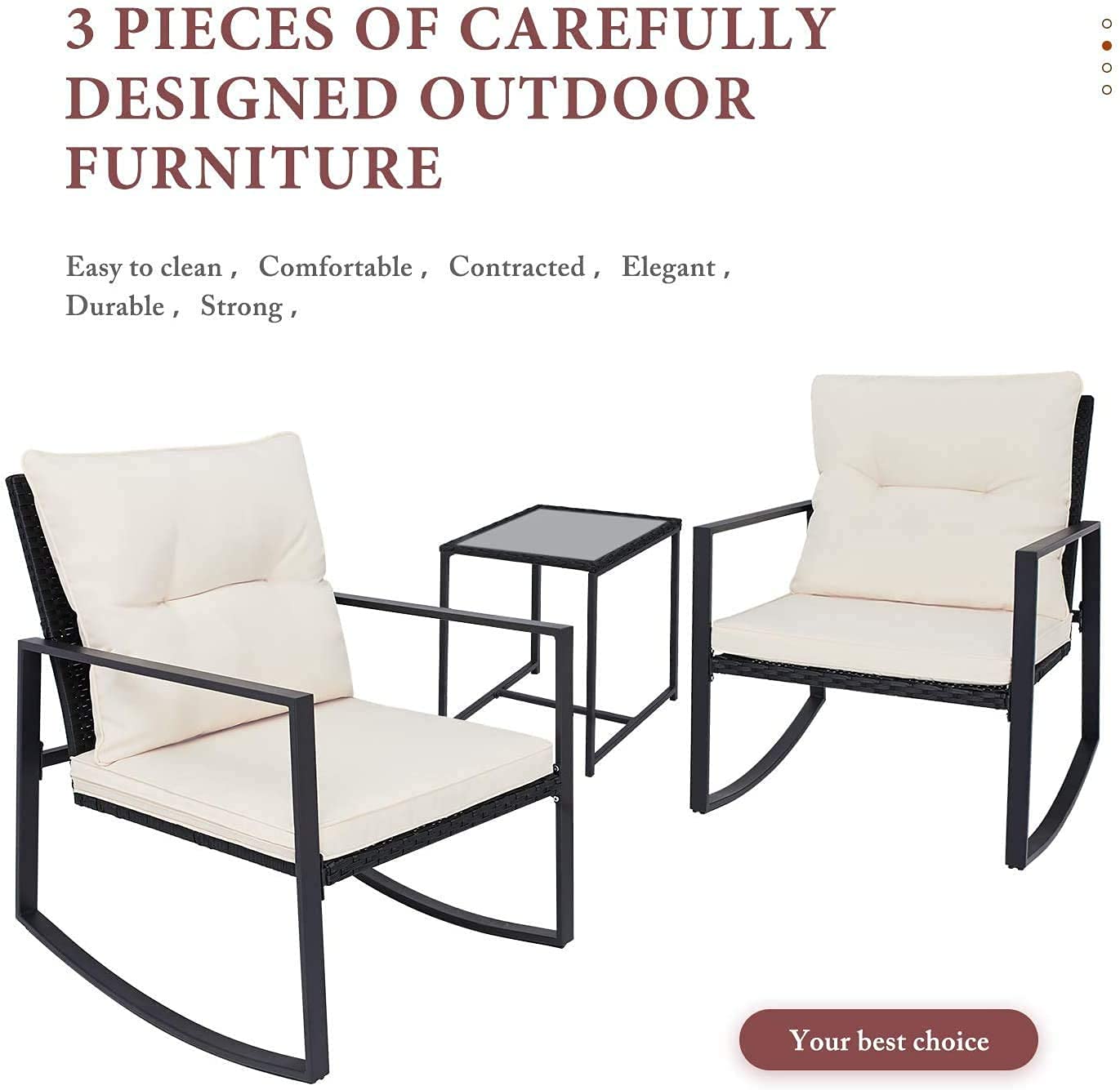 SUNCROWN 3-Piece Outdoor Rocking Chair Set - Patio Wicker Rattan Bistro Set with Cushions & Glass Coffee Table - Beige Conversation Furniture for Garden, Porch, Backyard Relaxation