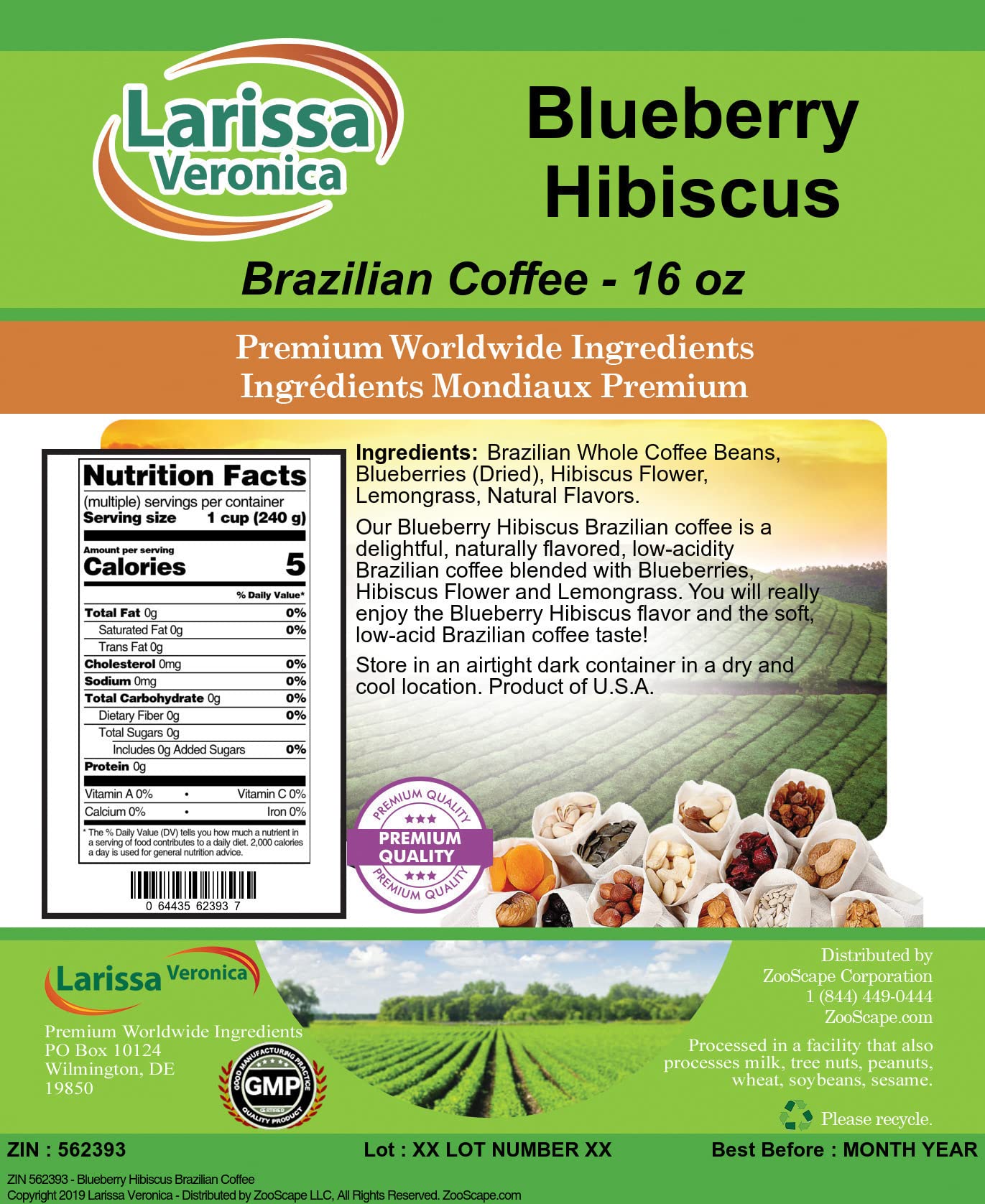 Premium Blueberry Hibiscus Flavored Brazilian Coffee Beans - Gourmet, Naturally Flavored, Whole Bean Coffee (16 oz, 3-Pack) - Perfect for Morning Brew, Gifts & Specialty Coffee Lovers
