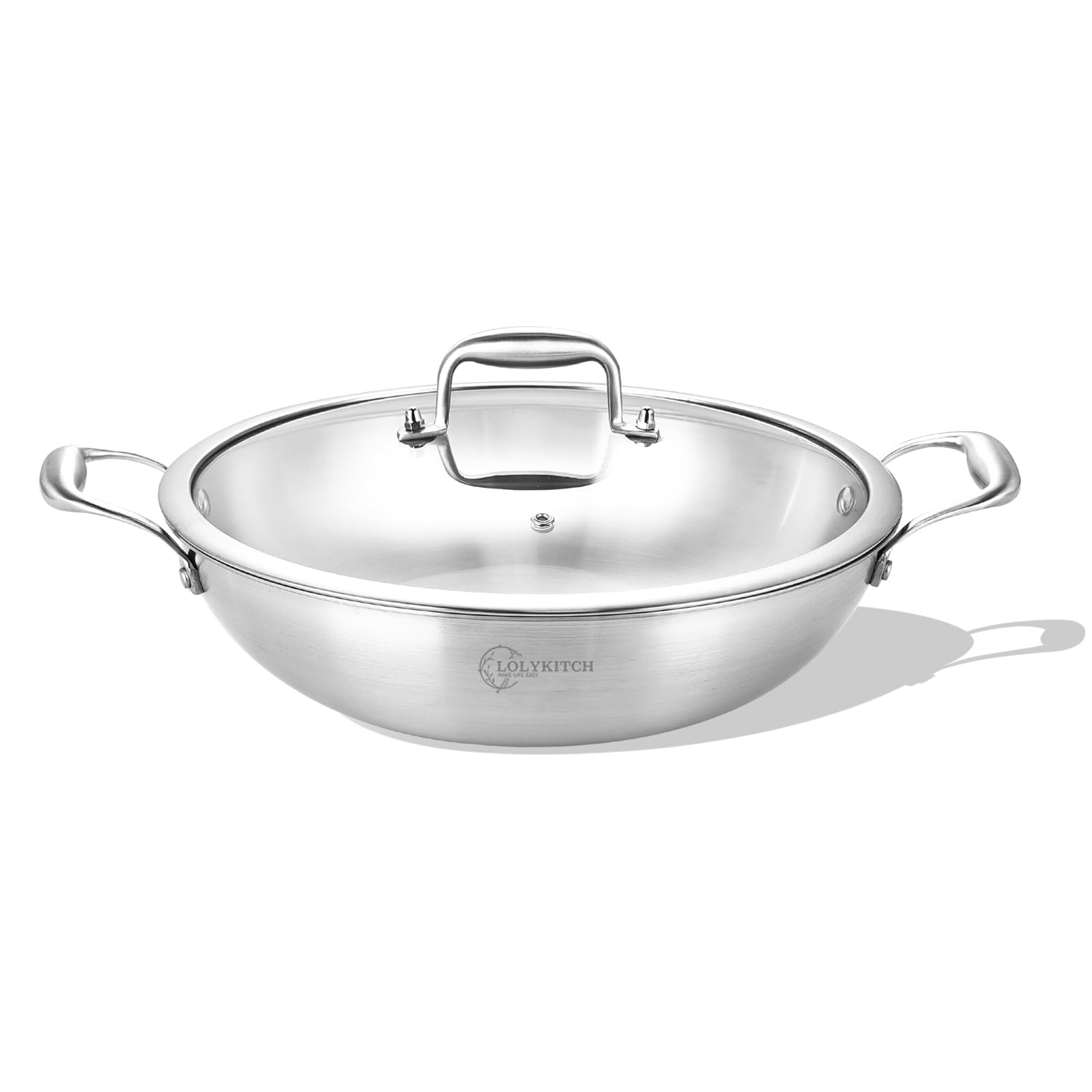 10 Inch Tri-Ply Stainless Steel Wok Pan with Lid - 2.8 Quart Deep Frying Pan for Induction Cooktop - Dishwasher & Oven Safe - Perfect for Stir-Frying, Deep Frying & Asian Cooking