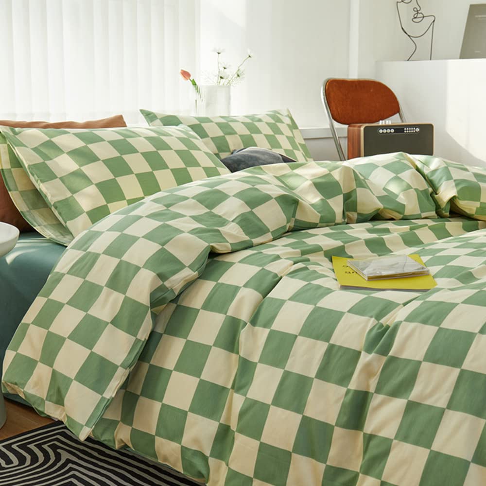 CLOTHKNOW Green White Plaid California King Comforter Set - 3 Piece Grid Bedding Set with 2 Pillowcases | Soft Checkered Duvet Cover for Master Bedroom, Guest Room & Dorm Decor
