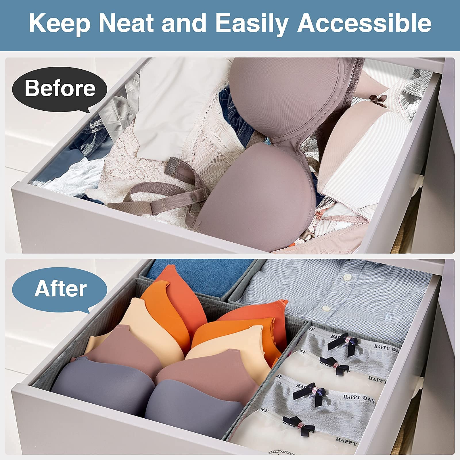 Criusia 14-Piece Underwear Drawer Organizer Set - Foldable Closet Dividers & Storage Box for Clothes, Socks, Bras - Space Saving Grey Organizer for Bedroom, Dresser & Travel Use