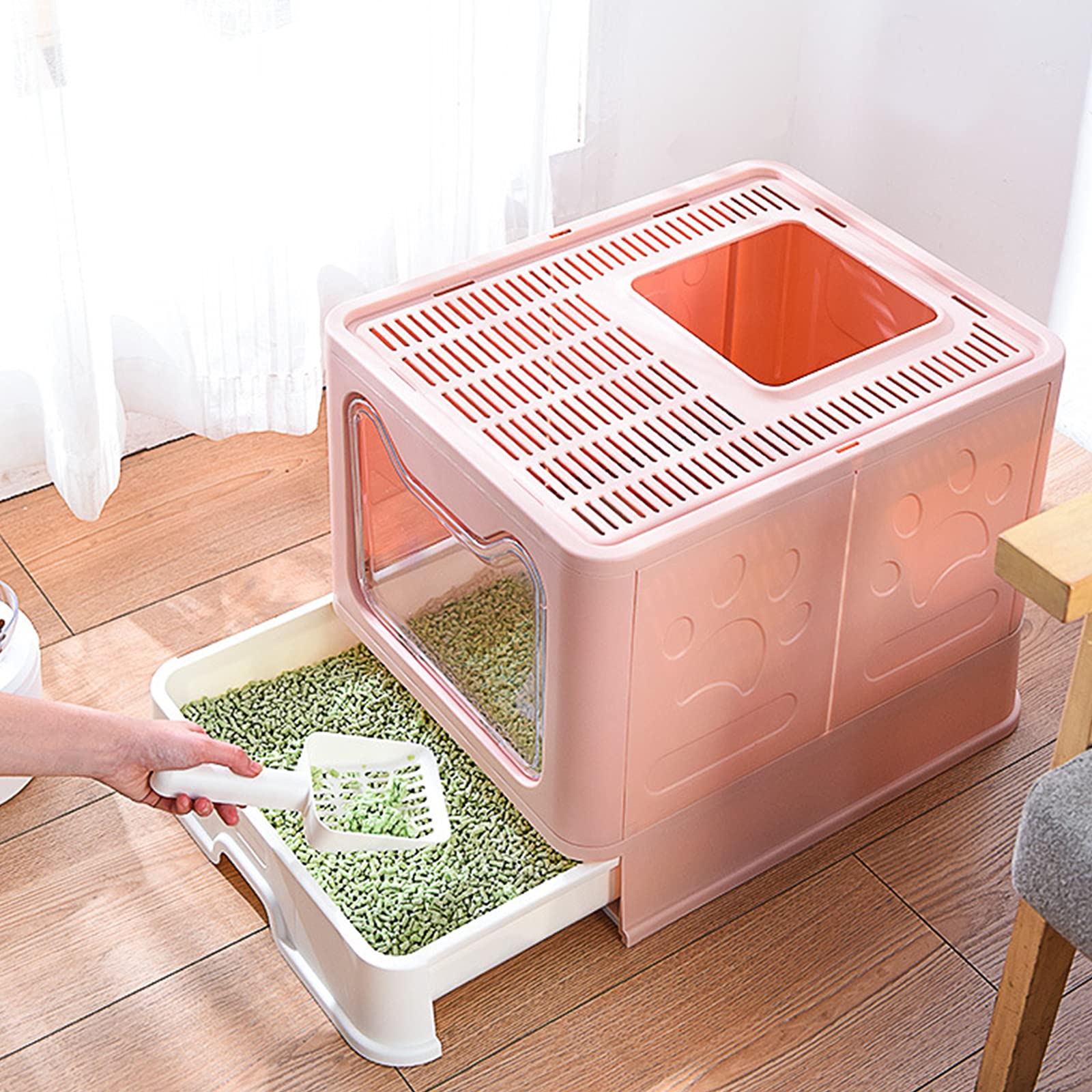 Top Entry Cat Litter Box with Lid - Enclosed, Anti-Splash Foldable Large Cat Toilet Pan | Includes Scoop Brush & Waste Bags | Perfect for Small Spaces & Multi-Cat Homes