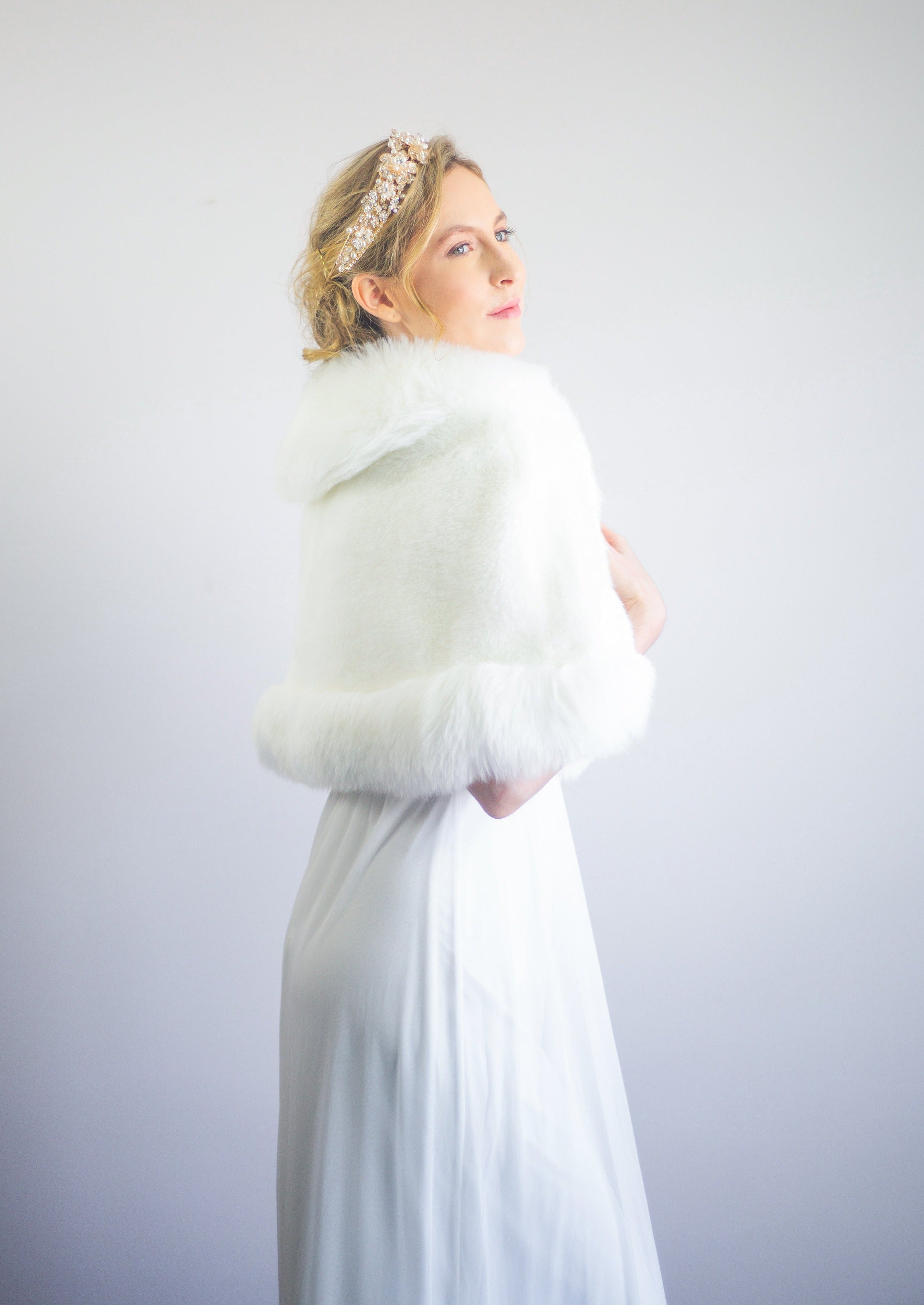 Ivory White Faux Fur Bridal Cape - Elegant Wedding Shawl for Bride (Georgina Wht01) | Perfect for Winter Weddings, Photo Shoots & Formal Events